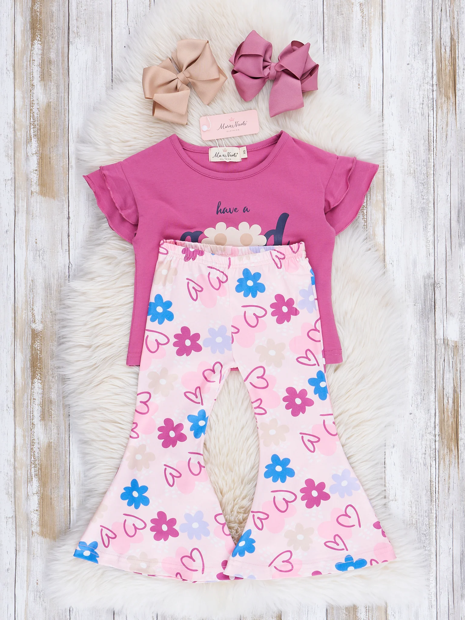 Magenta Flowers Good Day Bell Bottoms Outfit - Image 3