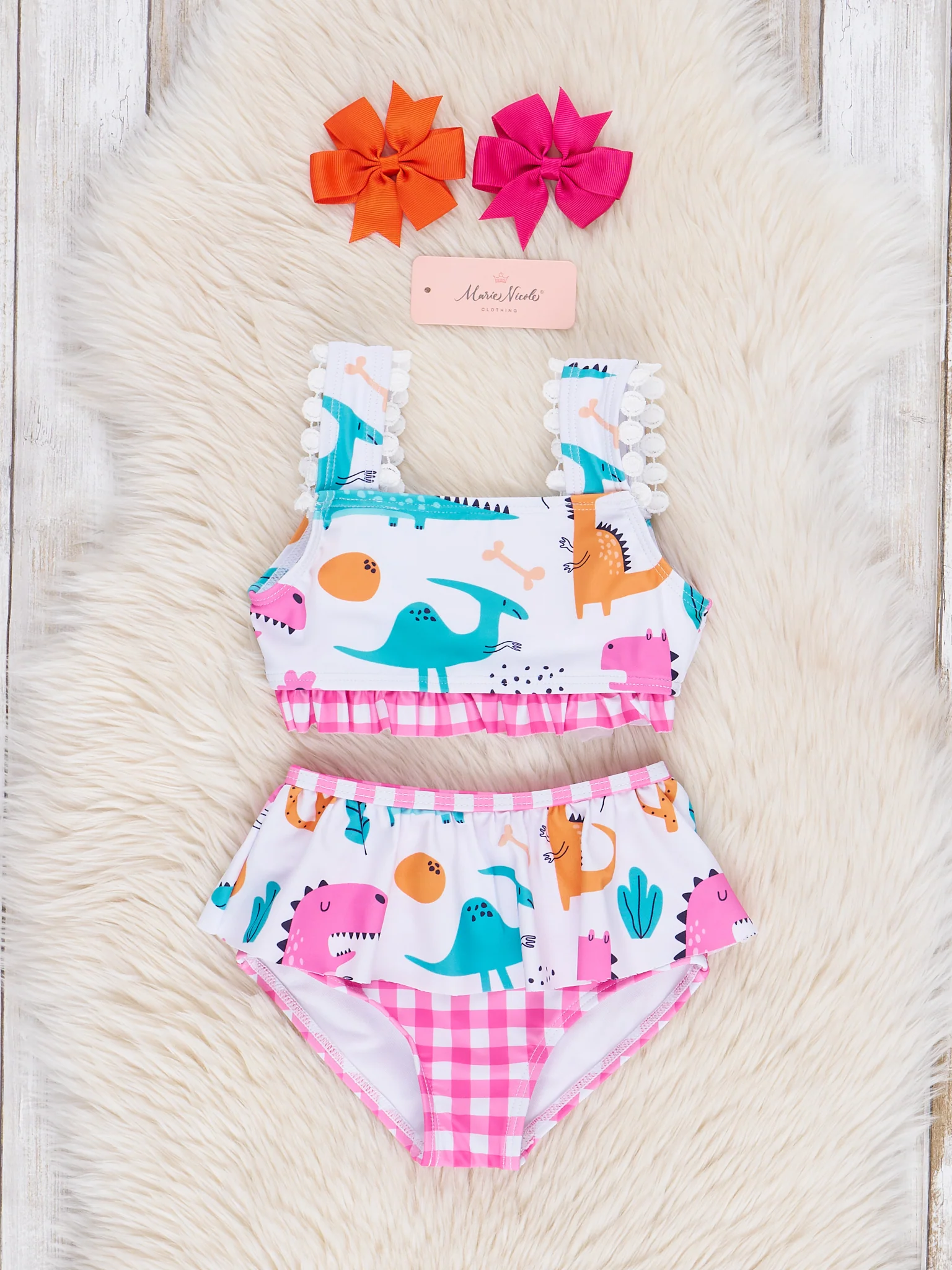 Magenta Gingham Dinosaur Pom Pom Swimsuit - Image 2