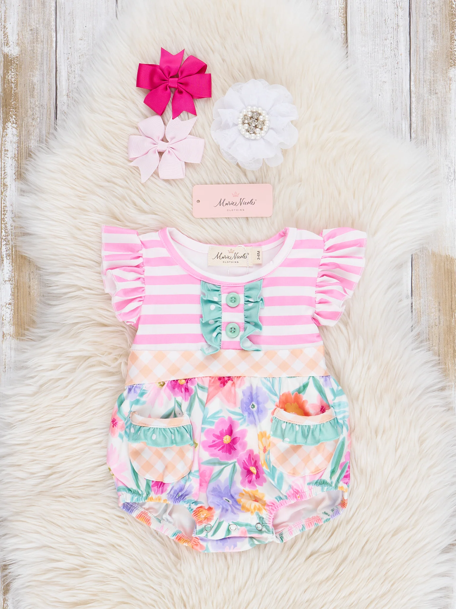 Magenta Stripes & Watercolor Florals Ruffle Bubble Romper