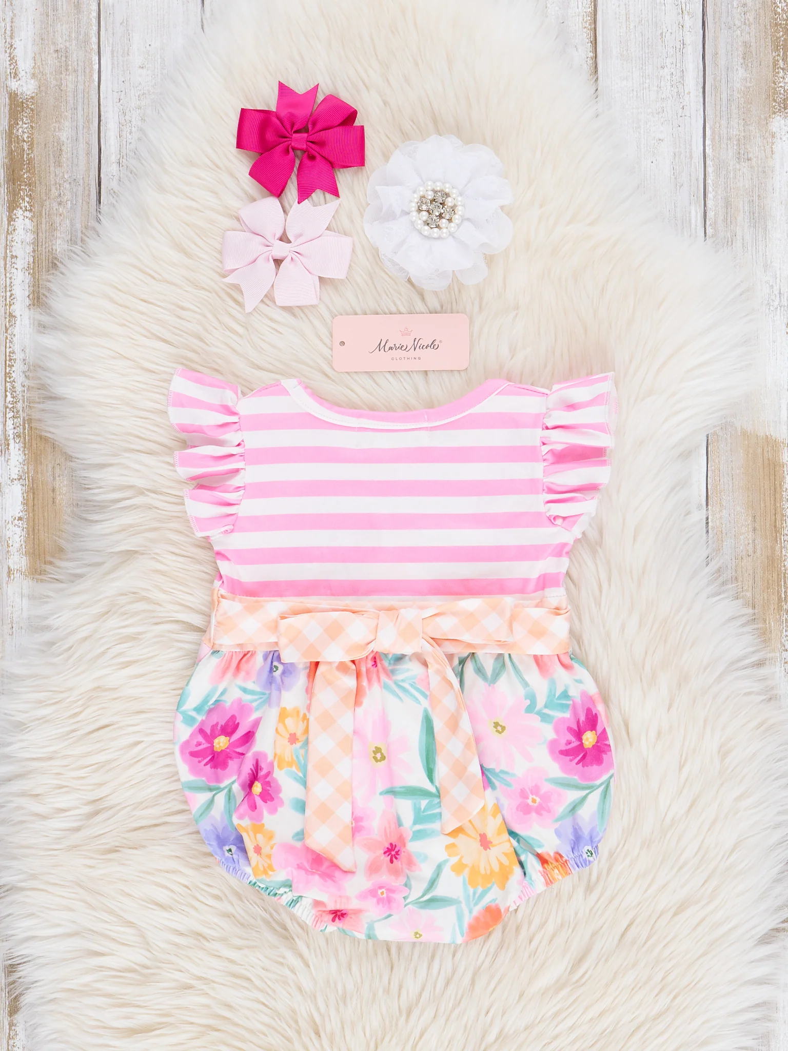 Magenta Stripes & Watercolor Florals Ruffle Bubble Romper - Image 2