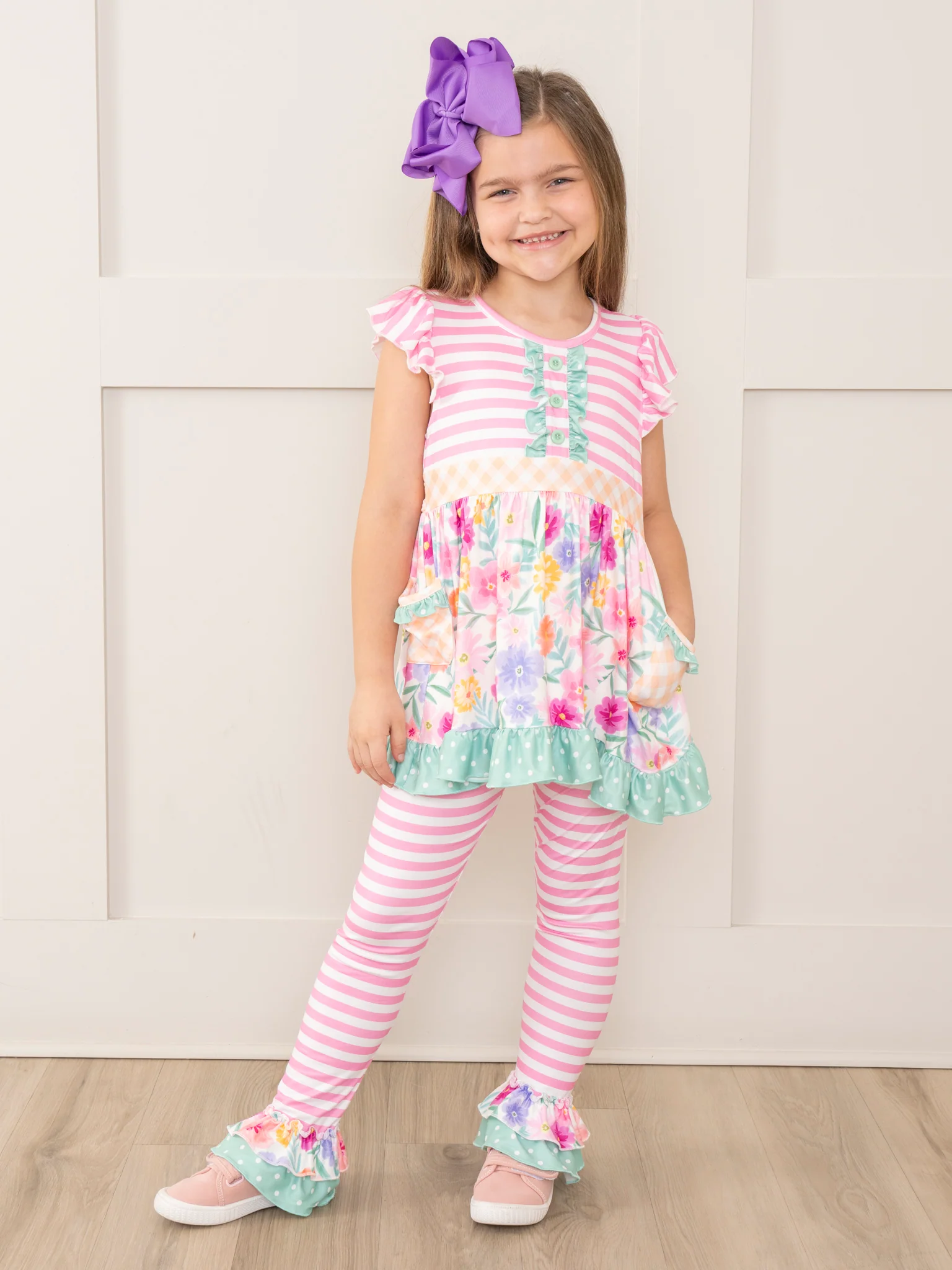 Magenta Stripes & Watercolor Florals Ruffle Outfit