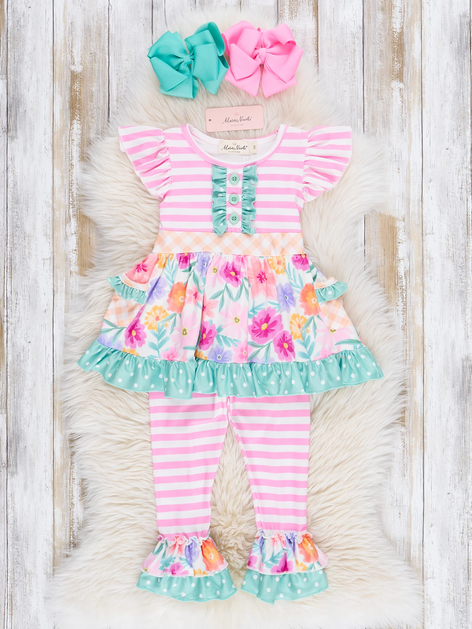 Magenta Stripes & Watercolor Florals Ruffle Outfit - Image 2