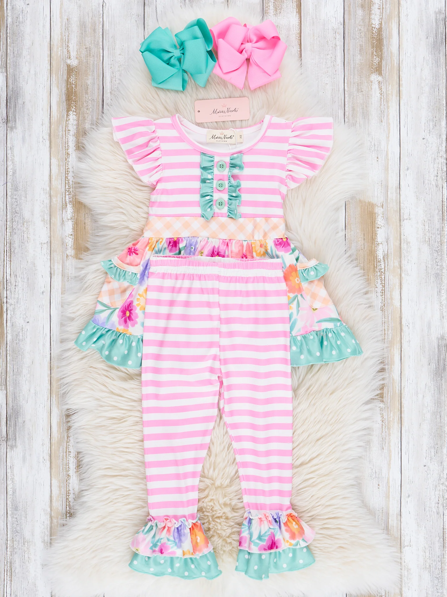 Magenta Stripes & Watercolor Florals Ruffle Outfit - Image 3