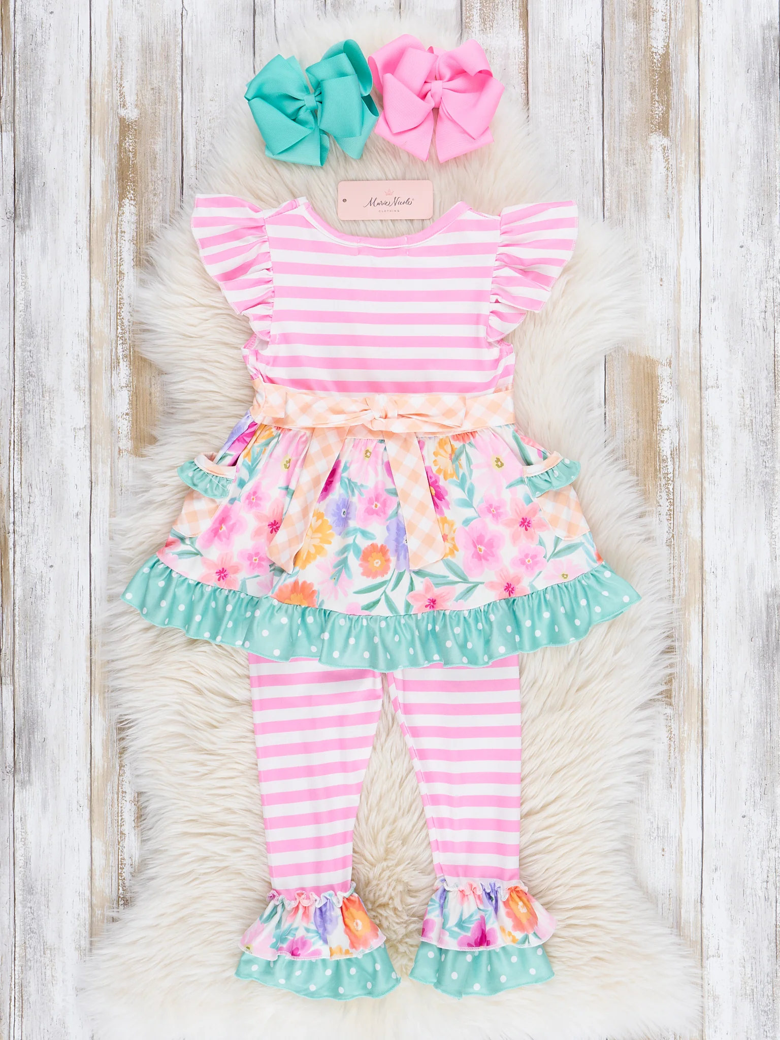Magenta Stripes & Watercolor Florals Ruffle Outfit - Image 4