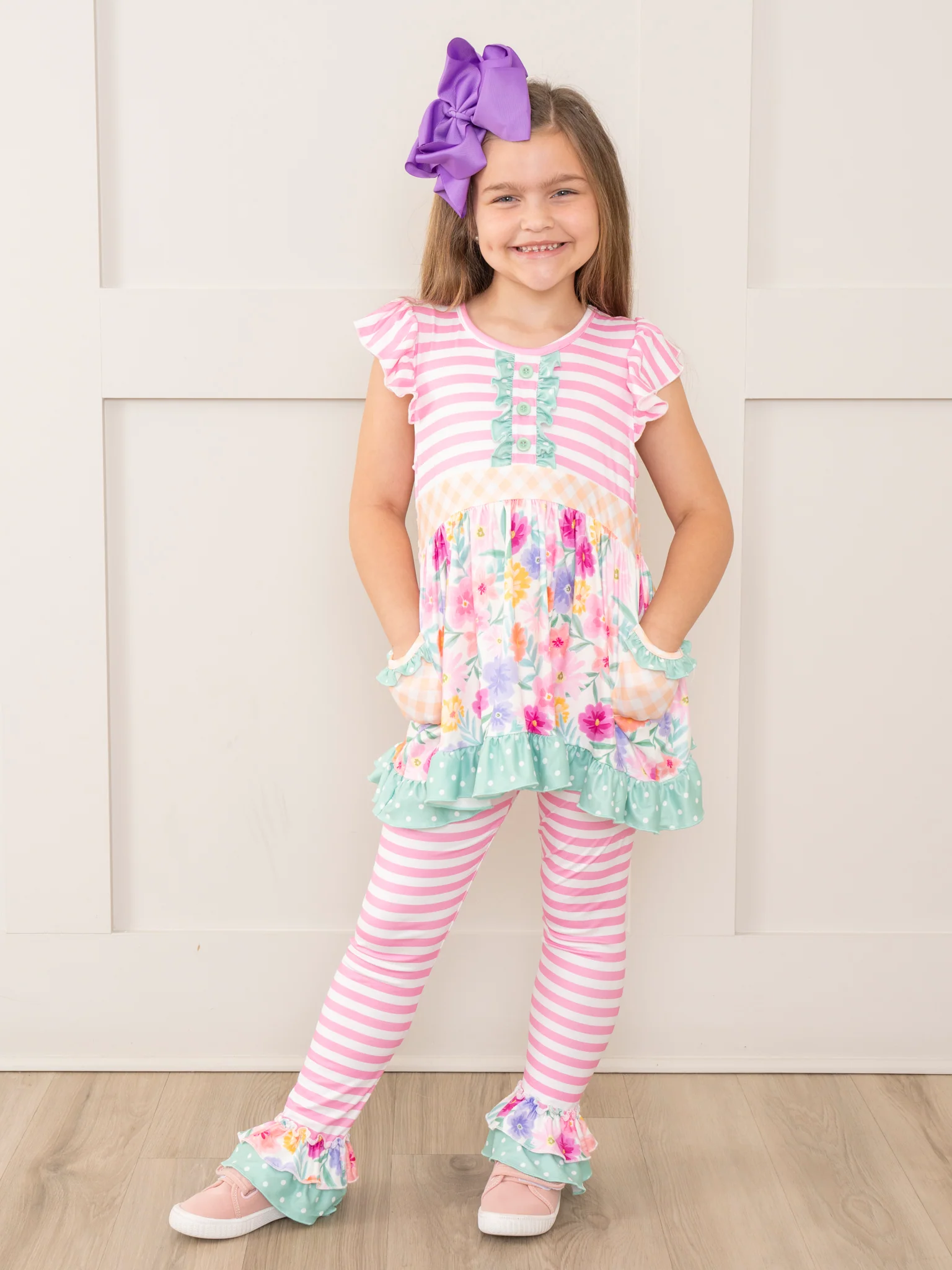 Magenta Stripes & Watercolor Florals Ruffle Outfit - Image 5