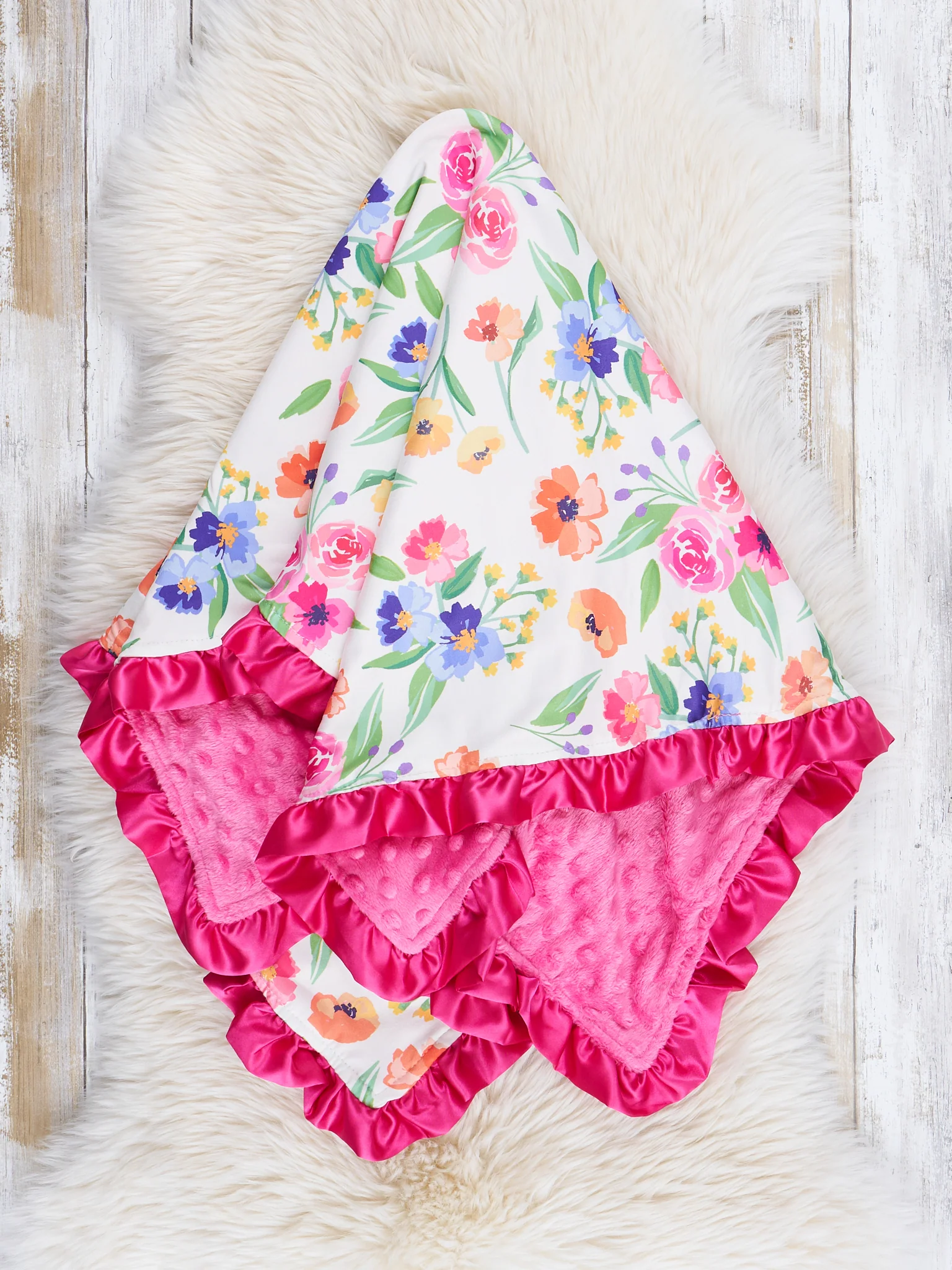 Magenta Watercolor Bouquets Ruffle Minky Blanket