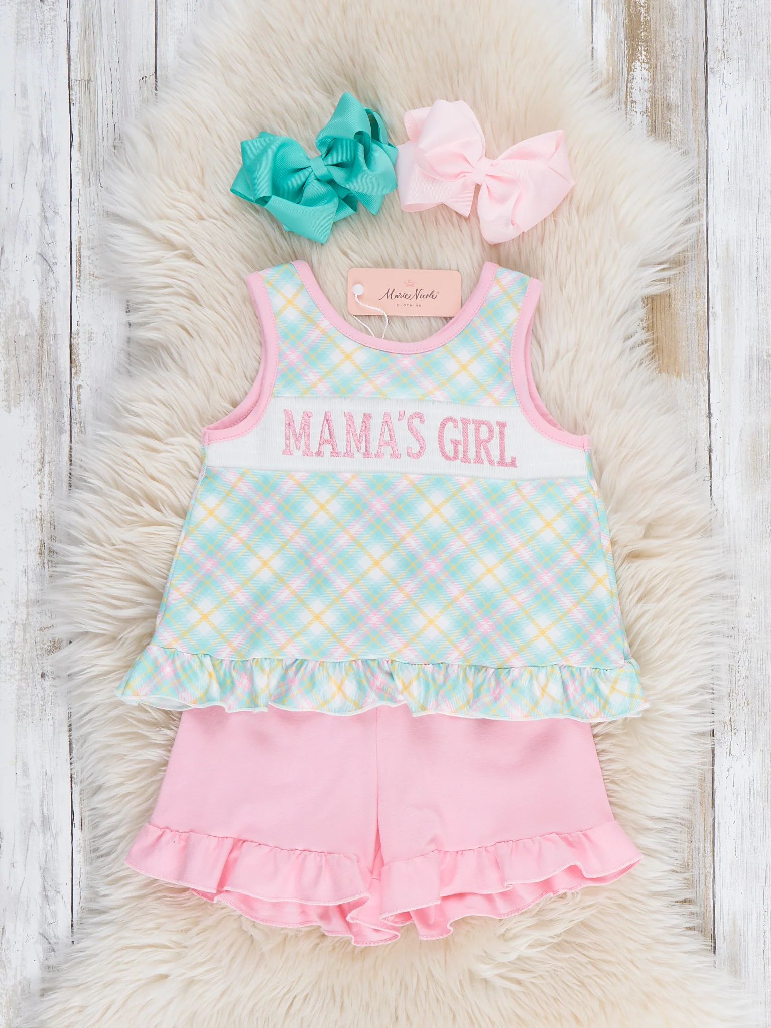 Mama’s Girl Pastel Plaid Smocked Ruffle Outfit - Image 3