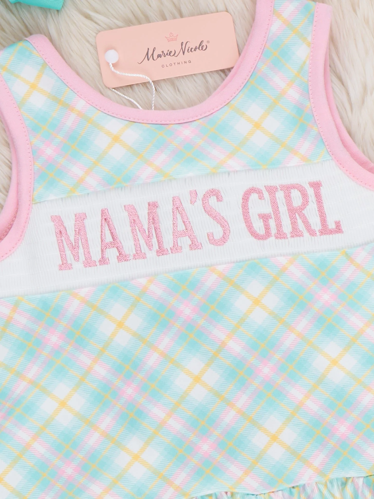 Mama’s Girl Pastel Plaid Smocked Ruffle Outfit - Image 4