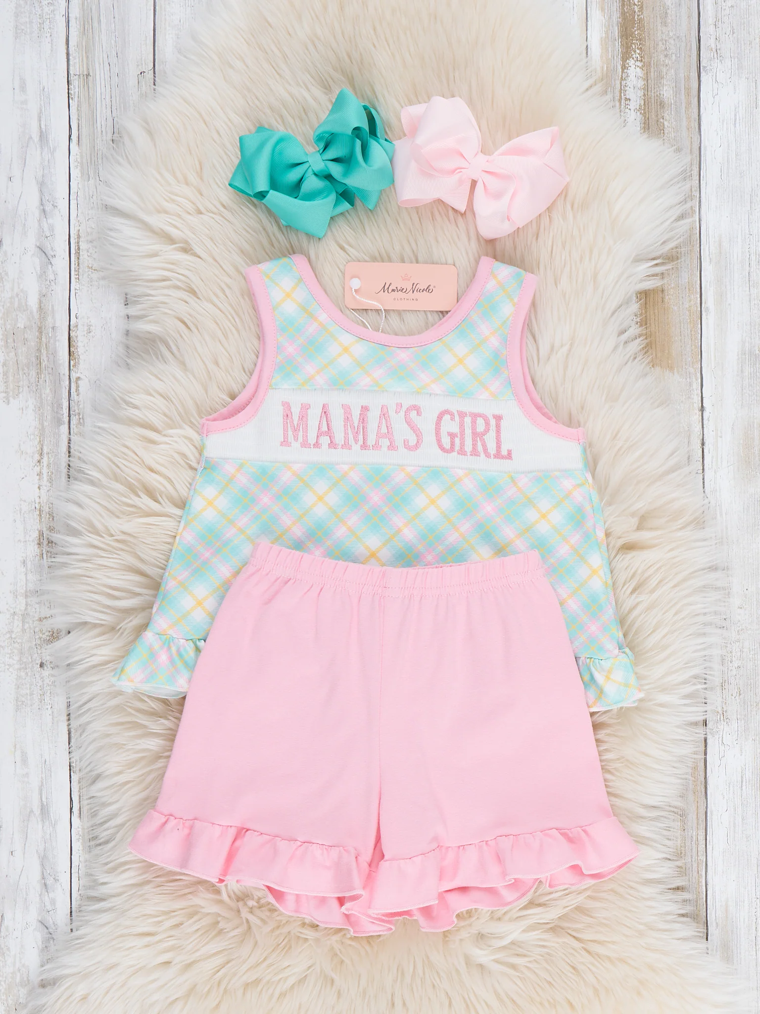 Mama’s Girl Pastel Plaid Smocked Ruffle Outfit - Image 5