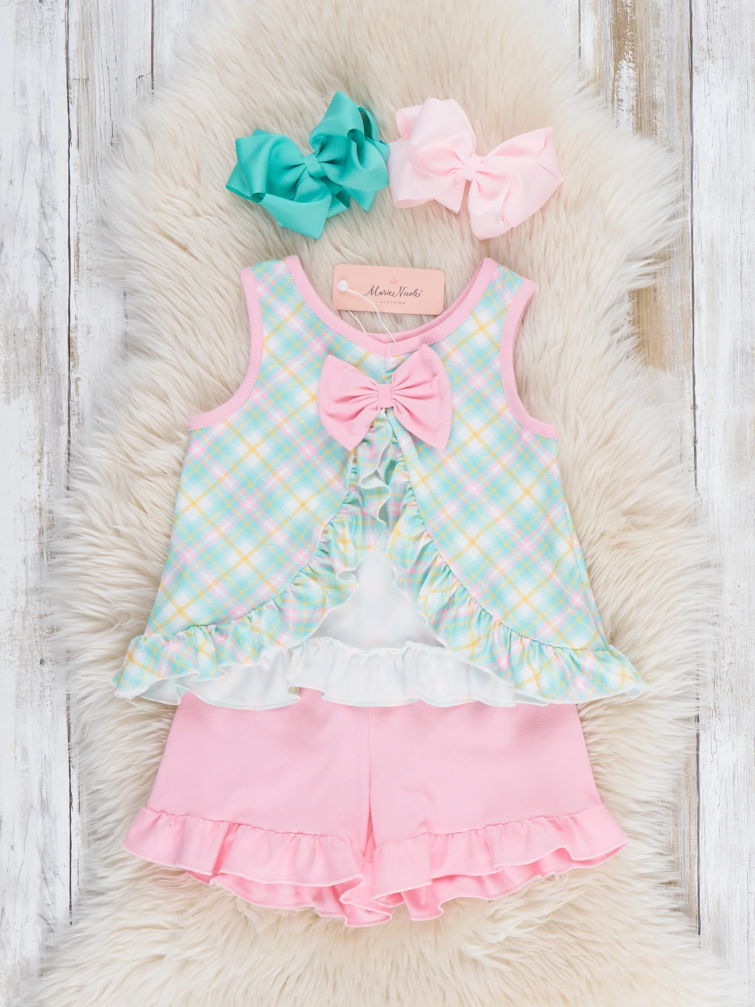 Mama’s Girl Pastel Plaid Smocked Ruffle Outfit - Image 6