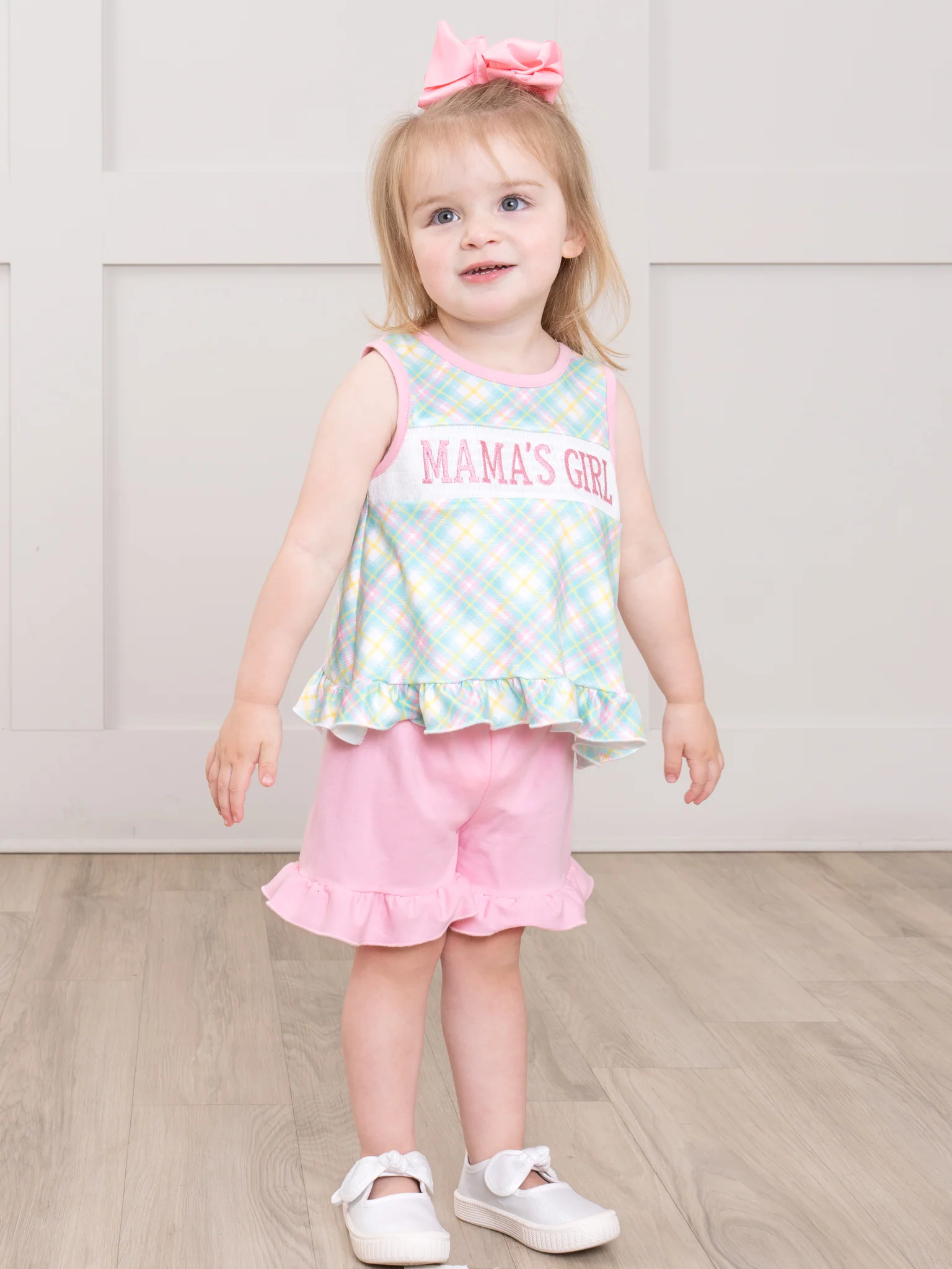 Mama’s Girl Pastel Plaid Smocked Ruffle Outfit - Image 7