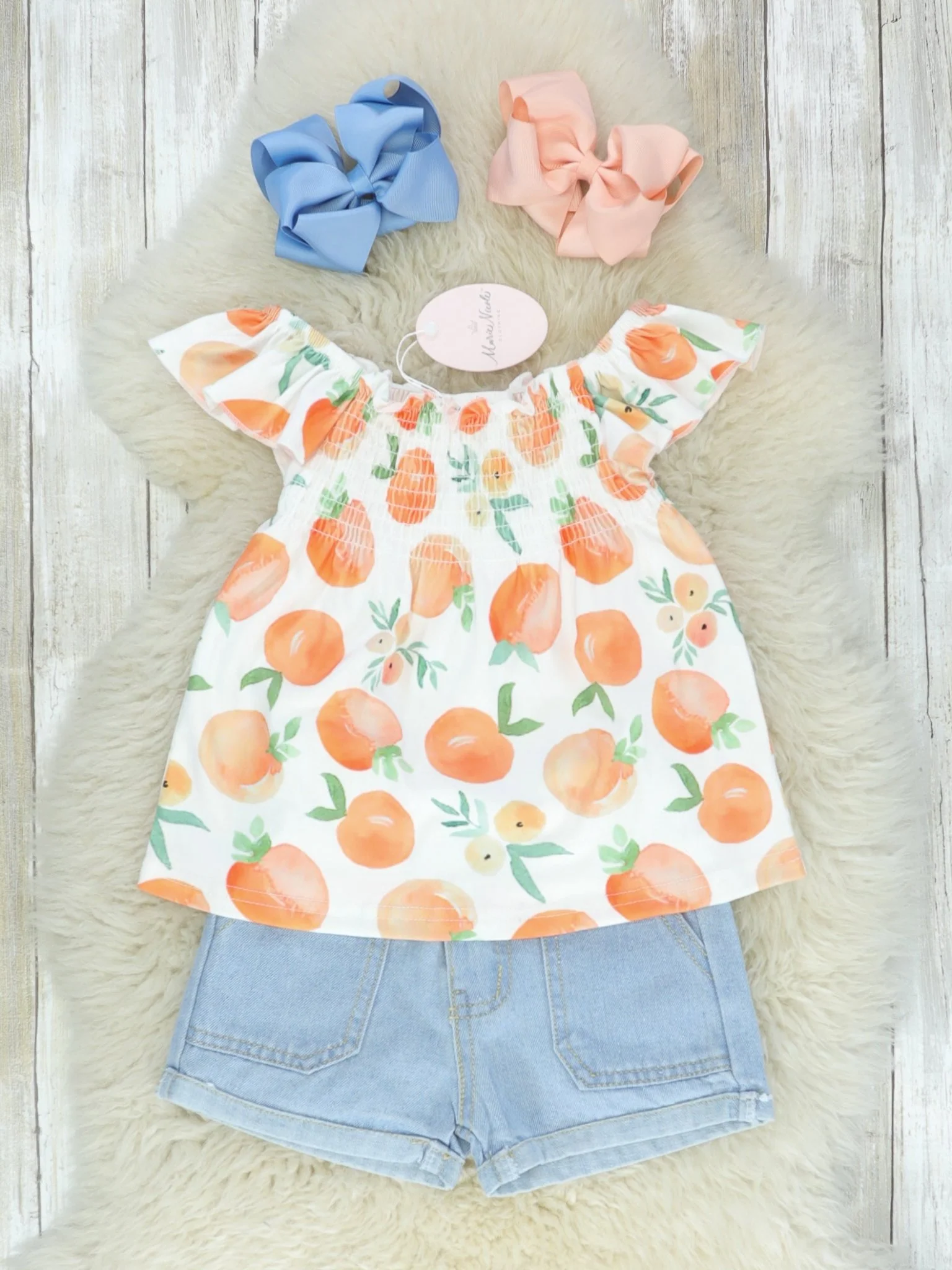 Mandarin Oranges Ruffle Top & Denim Shorts Outfit
