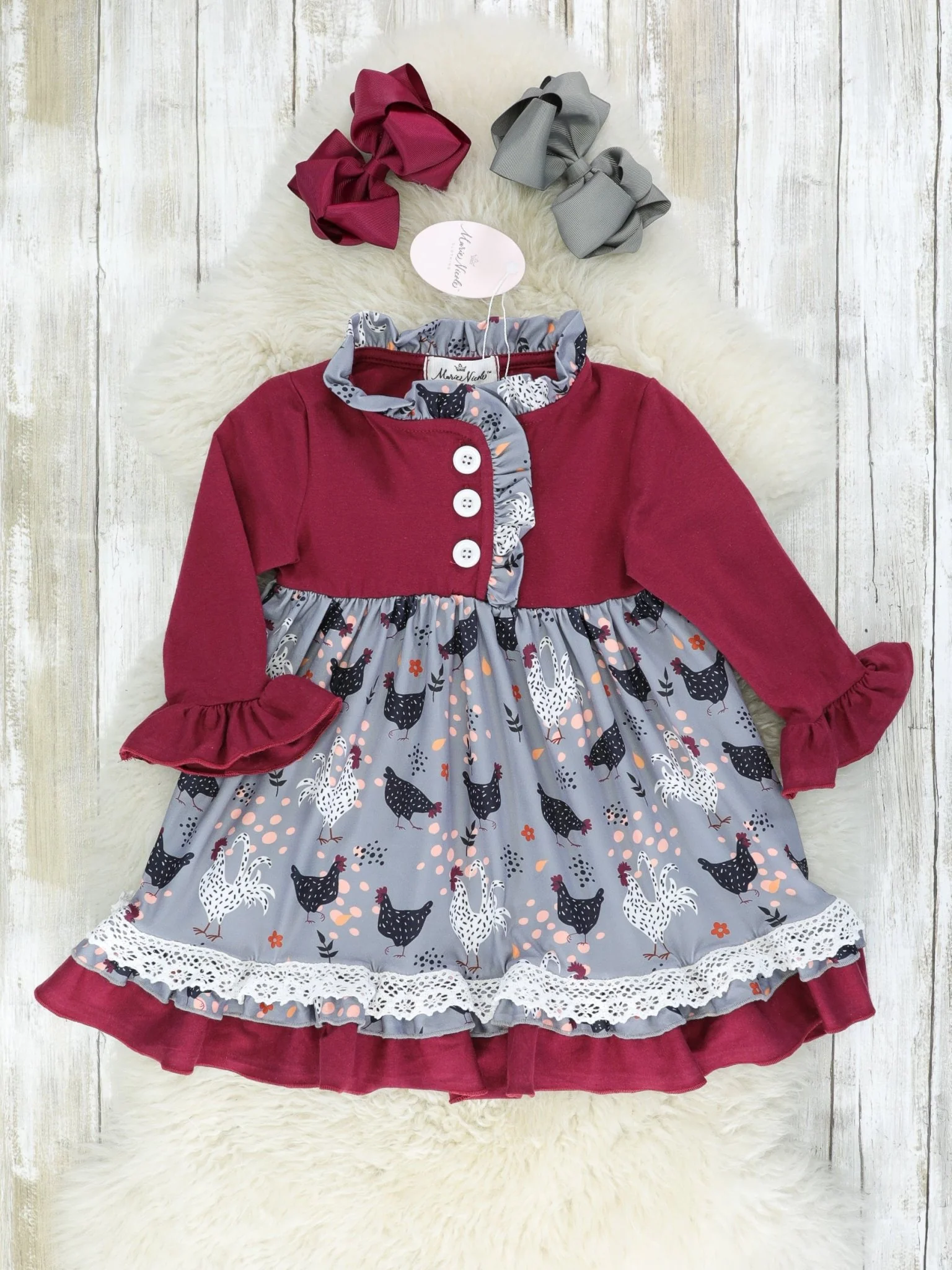 Maroon & Grey Chicken Ruffle Dress