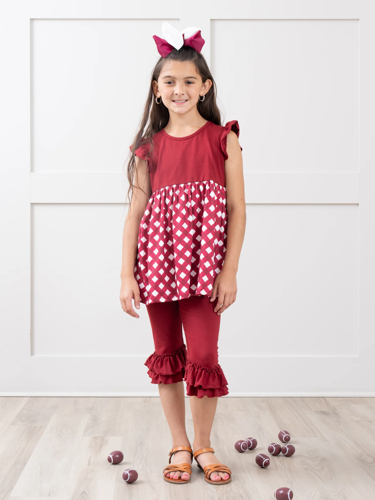 Maroon & White Gingham Ruffle Outfit