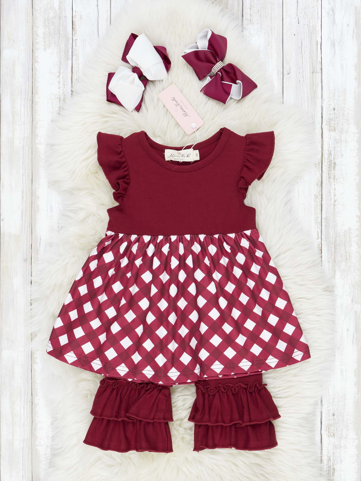 Maroon & White Gingham Ruffle Outfit - Image 2