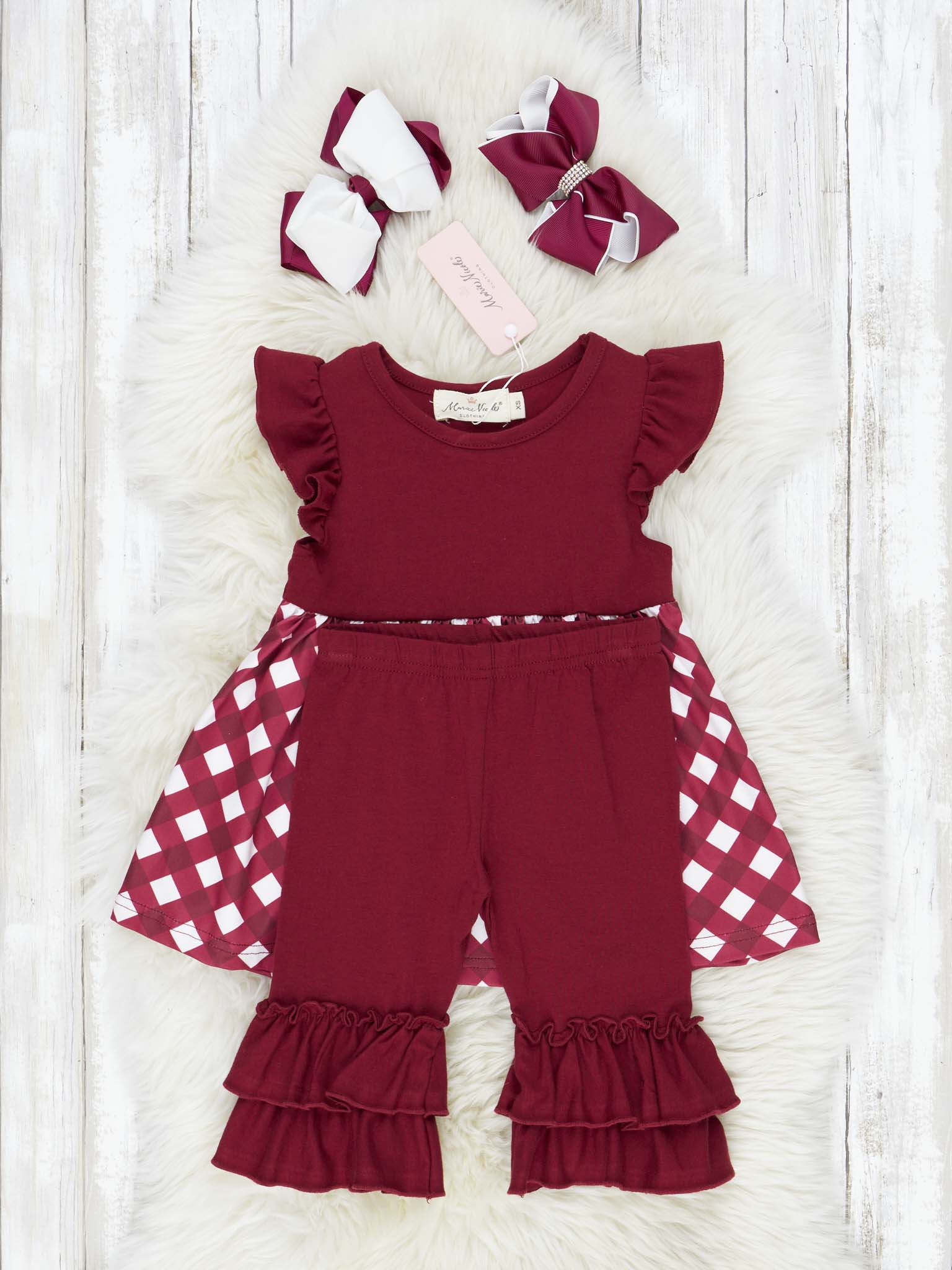 Maroon & White Gingham Ruffle Outfit - Image 3