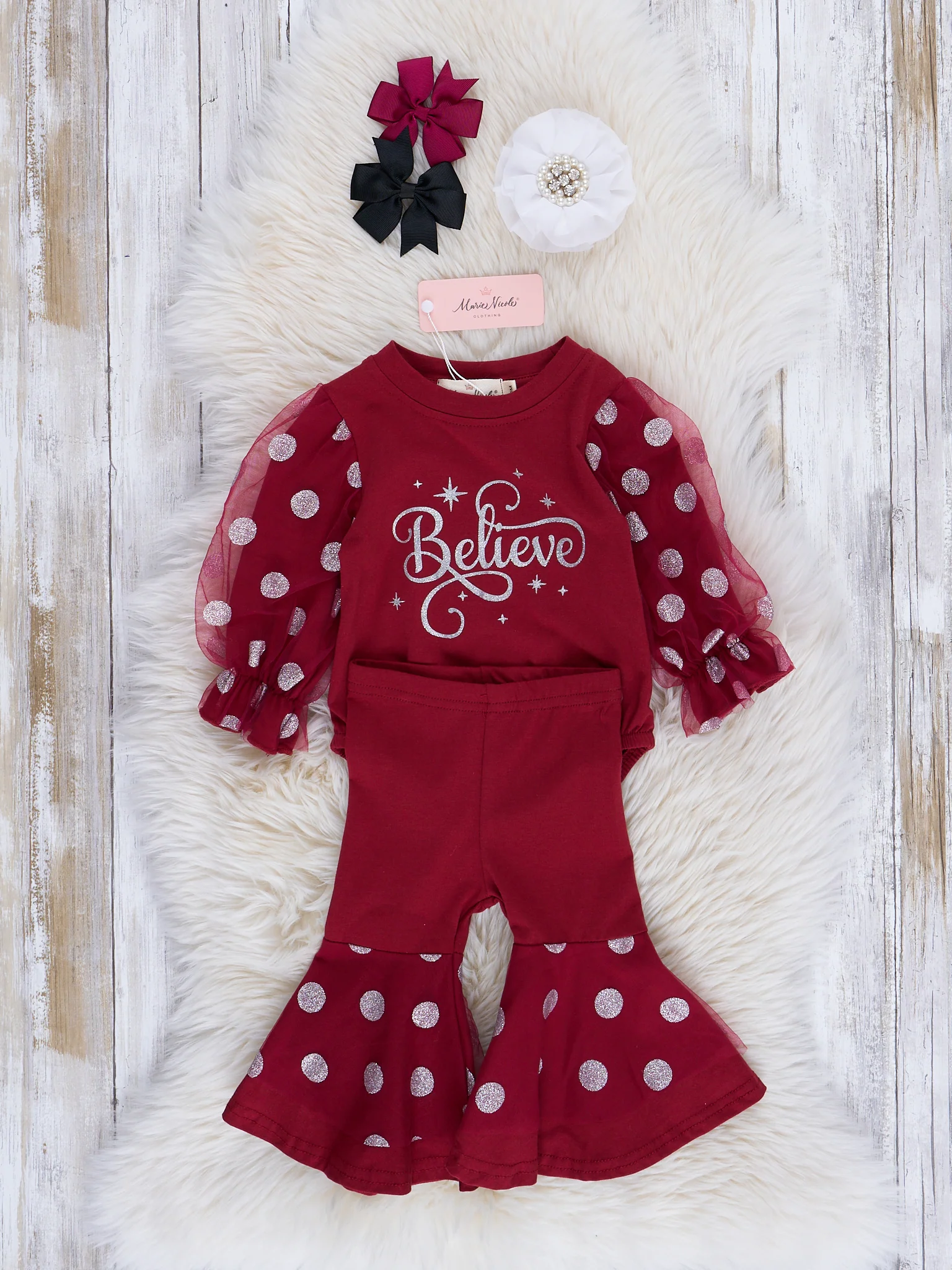 Maroon "Believe" Polka Dot Romper w/ Pants