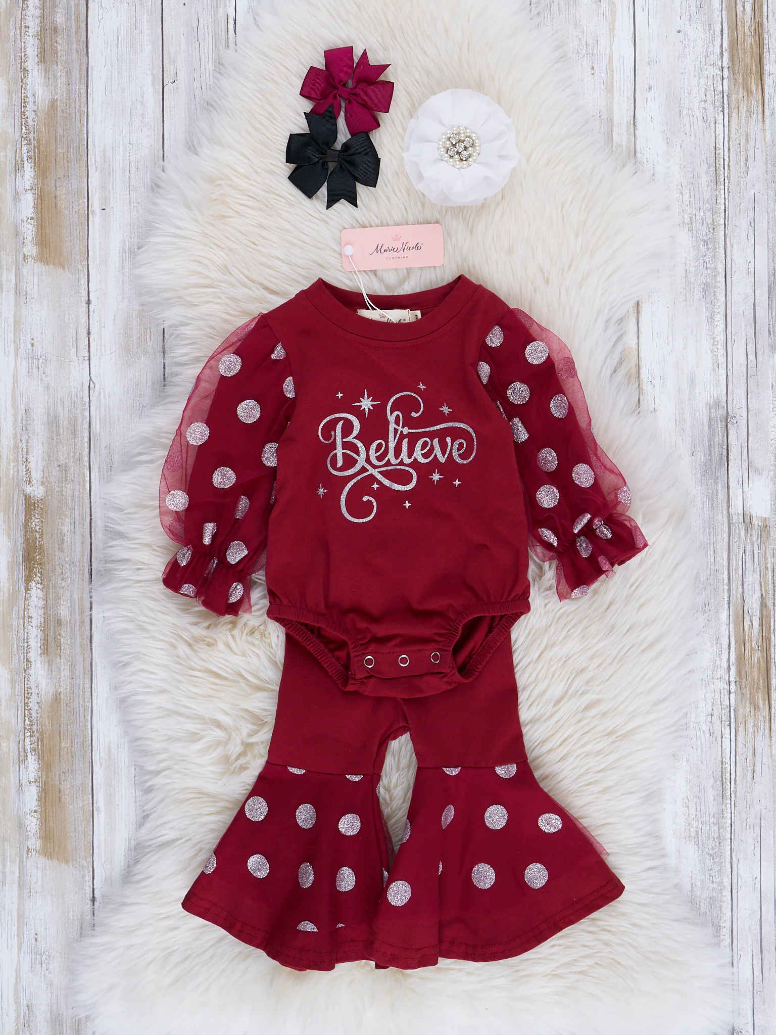 Maroon "Believe" Polka Dot Romper w/ Pants - Image 2