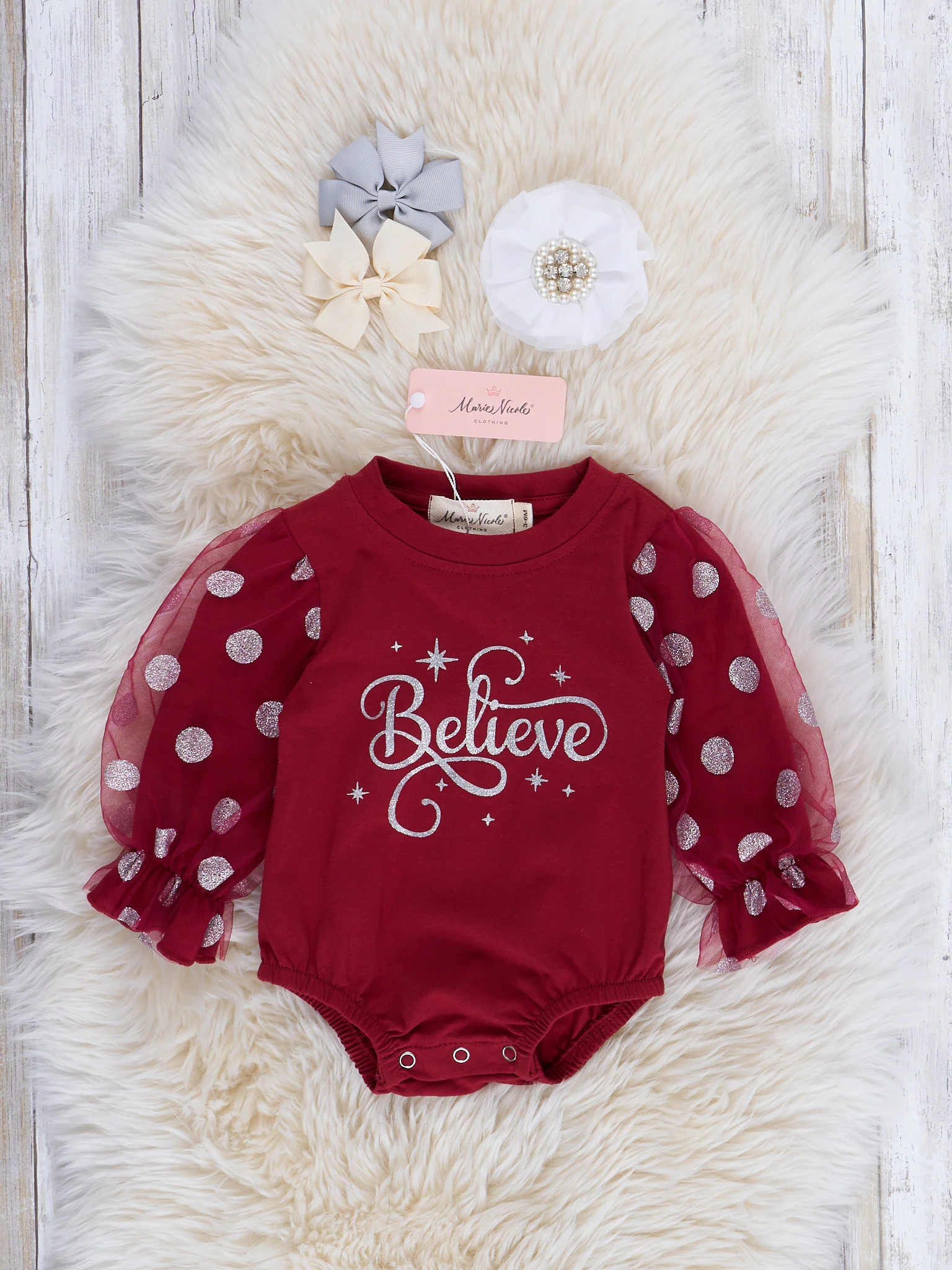 Maroon "Believe" Polka Dot Romper w/ Pants - Image 3