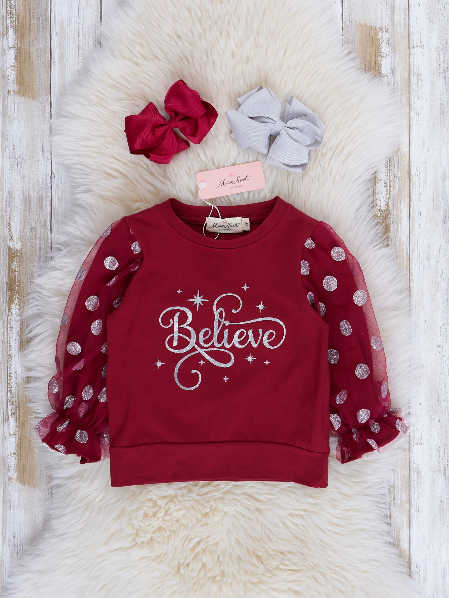 Maroon "Believe" Polka Dot Shirt