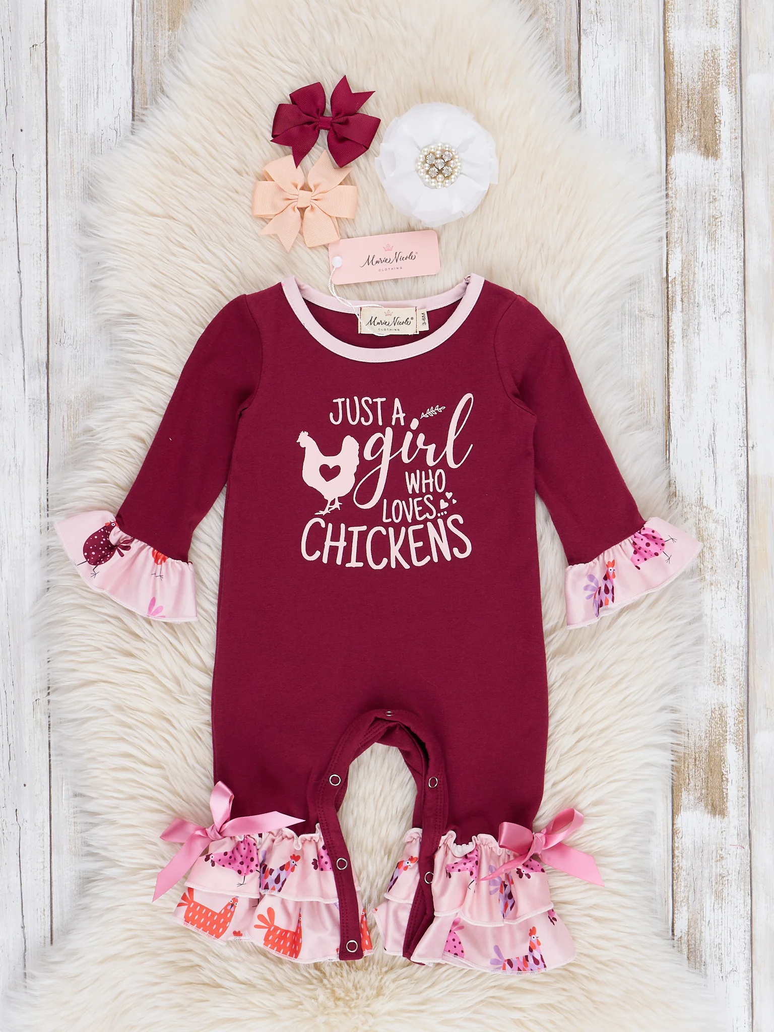 Maroon Chicken Girl Ruffle Romper