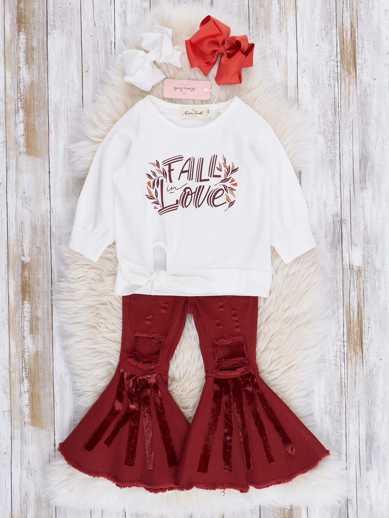 Maroon Fall Love Distressed Bell Bottoms Outfit