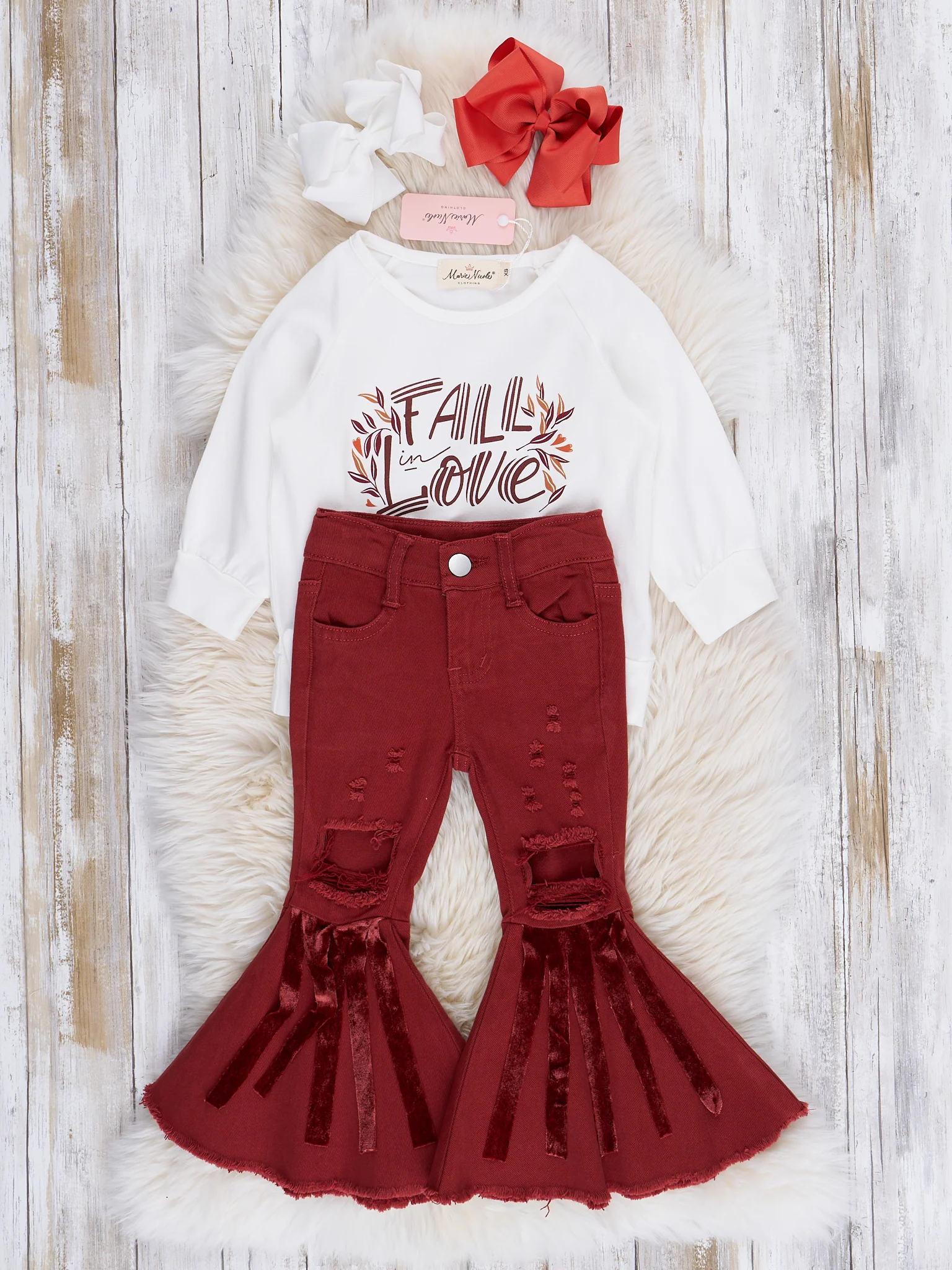 Maroon Fall Love Distressed Bell Bottoms Outfit - Image 2