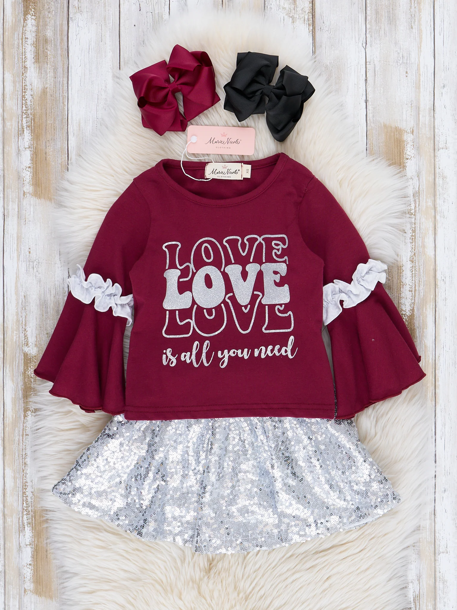 Maroon "Love is All You Need" Ruffle Outfit w/ Skirt - Image 2
