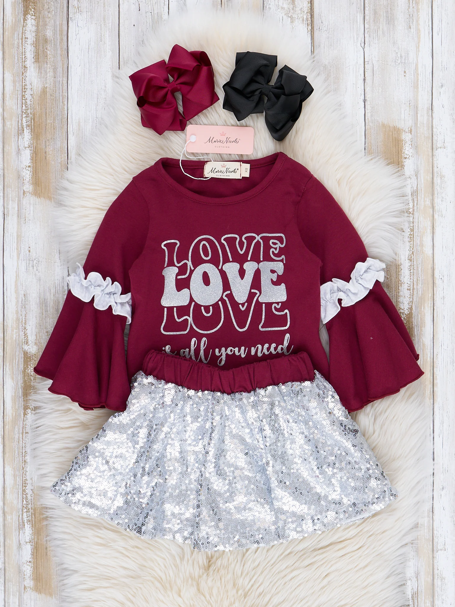 Maroon "Love is All You Need" Ruffle Outfit w/ Skirt - Image 3