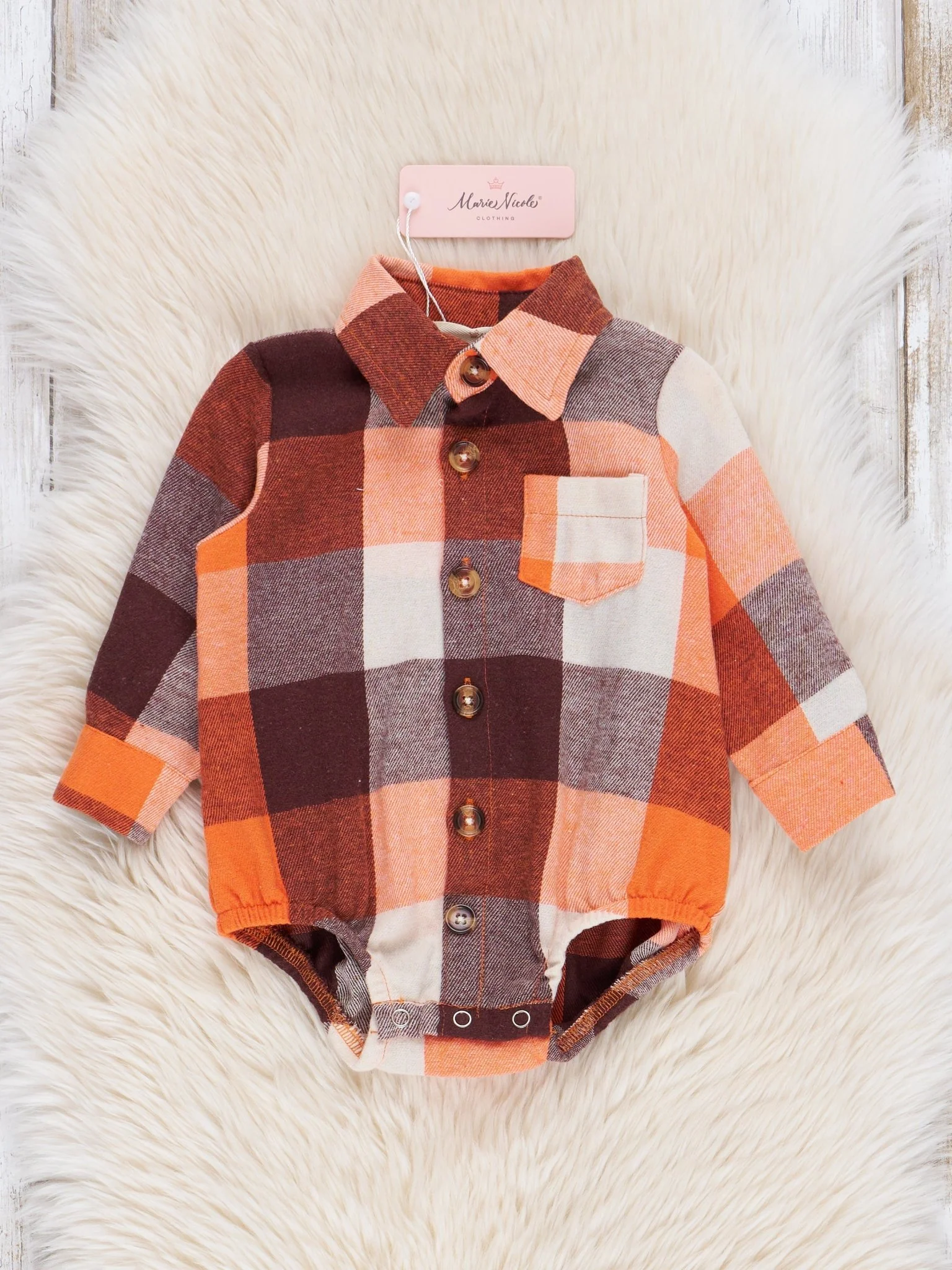 Maroon & Orange Flannel Button-Up Bubble Romper