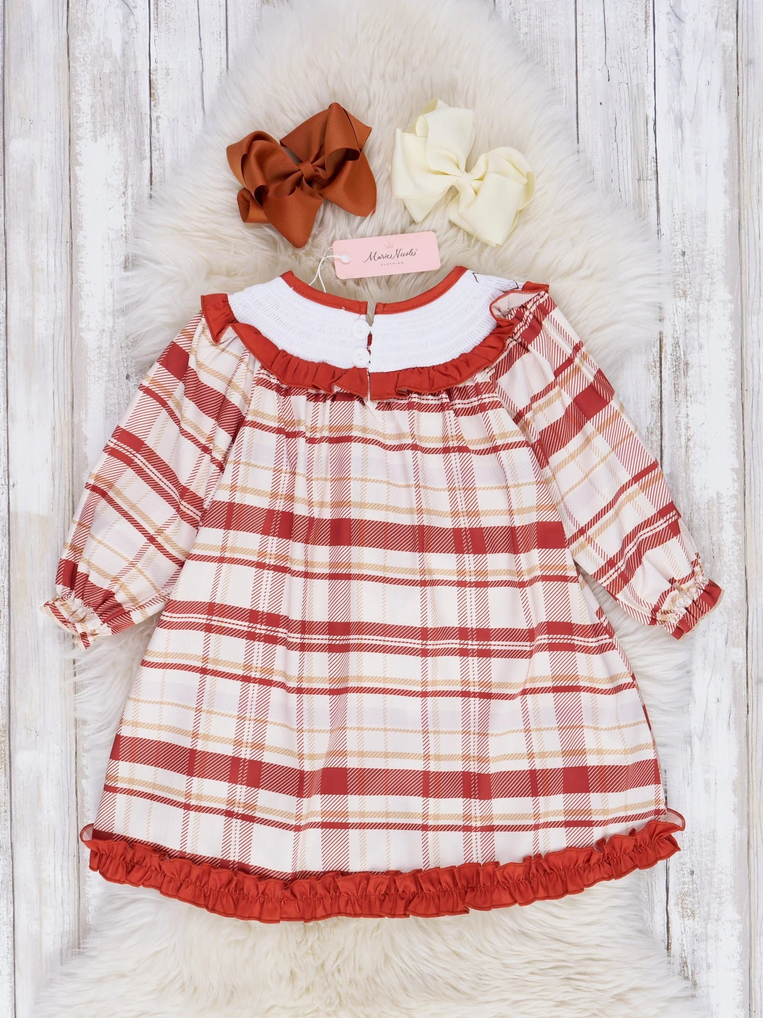 Maroon Plaid Smocked Turkey Ruffle Dress - Image 2