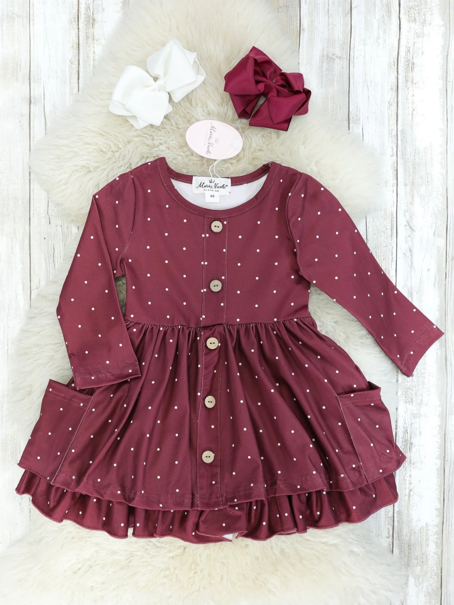 Maroon Polka Dot Pocket Ruffle Dress