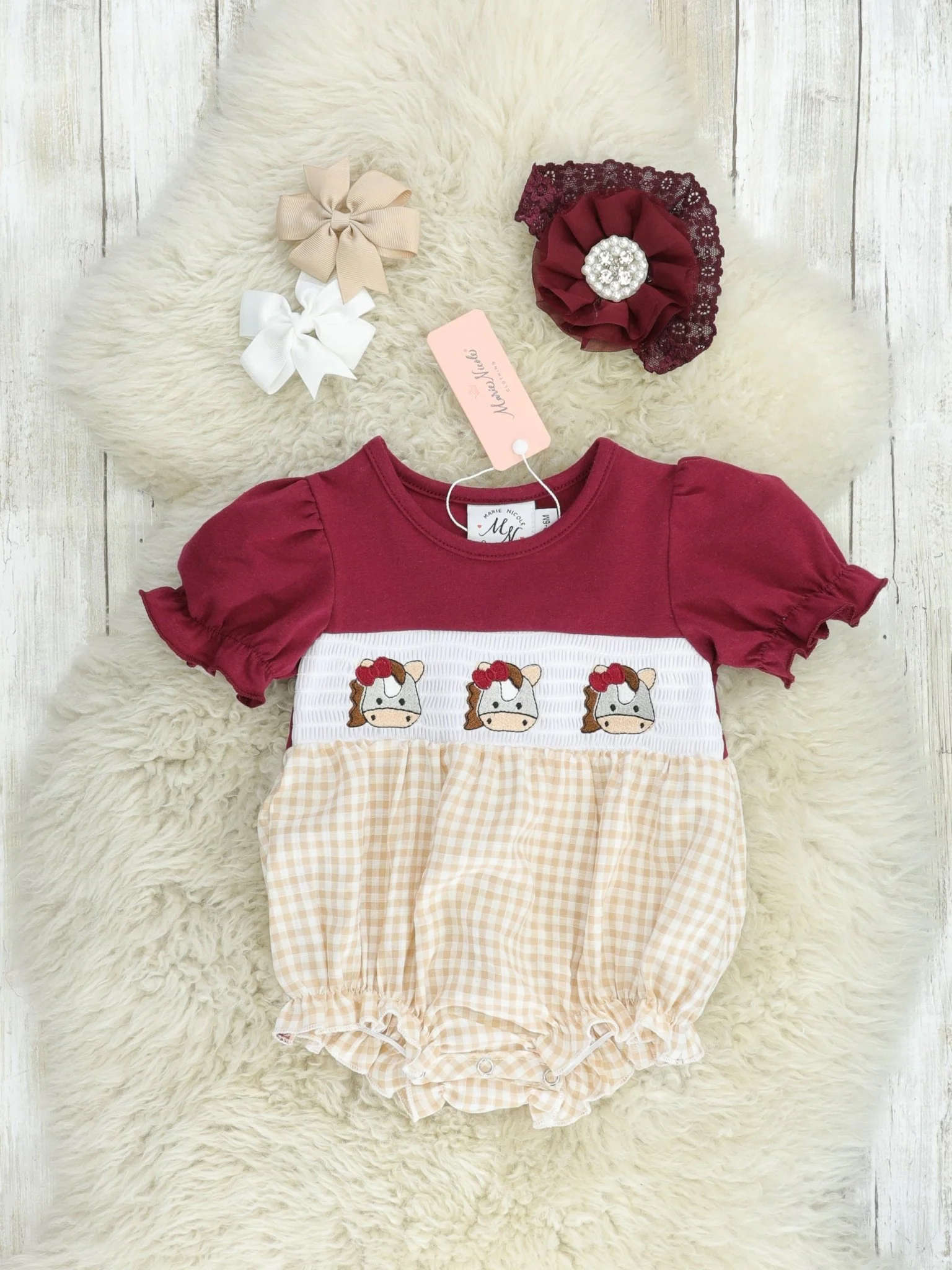 Maroon Smocked Horse Ruffle Bubble Romper
