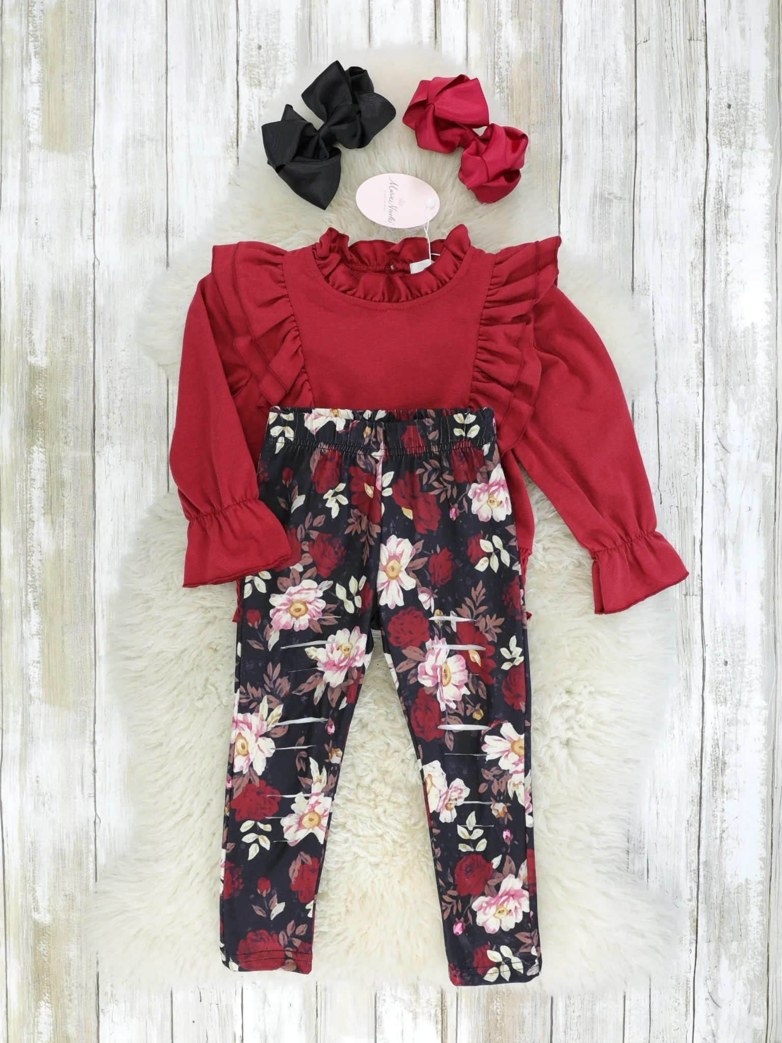 Maroon Smocked Ruffle Long Sleeve & Floral Bottoms Outfit - Image 2