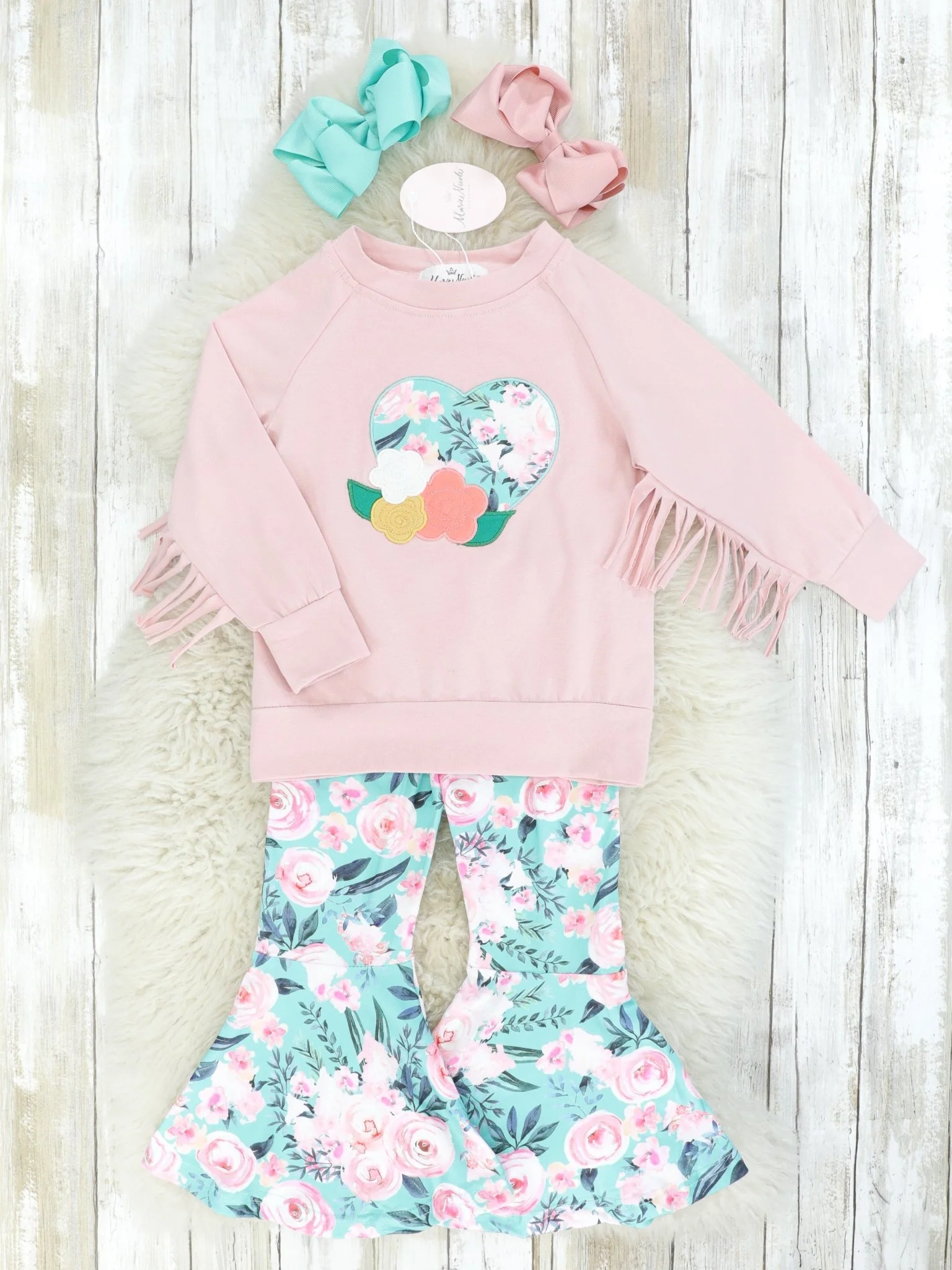 Mauve & Blue Roses Fringe Top & Bell Bottoms Outfit