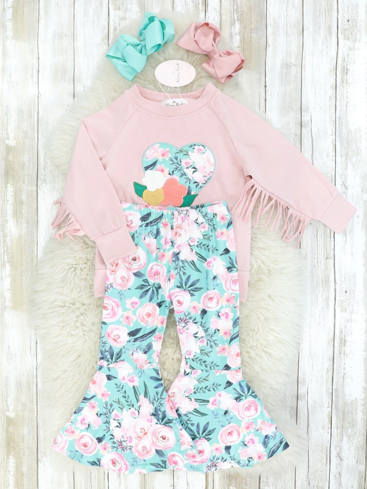 Mauve & Blue Roses Fringe Top & Bell Bottoms Outfit - Image 2