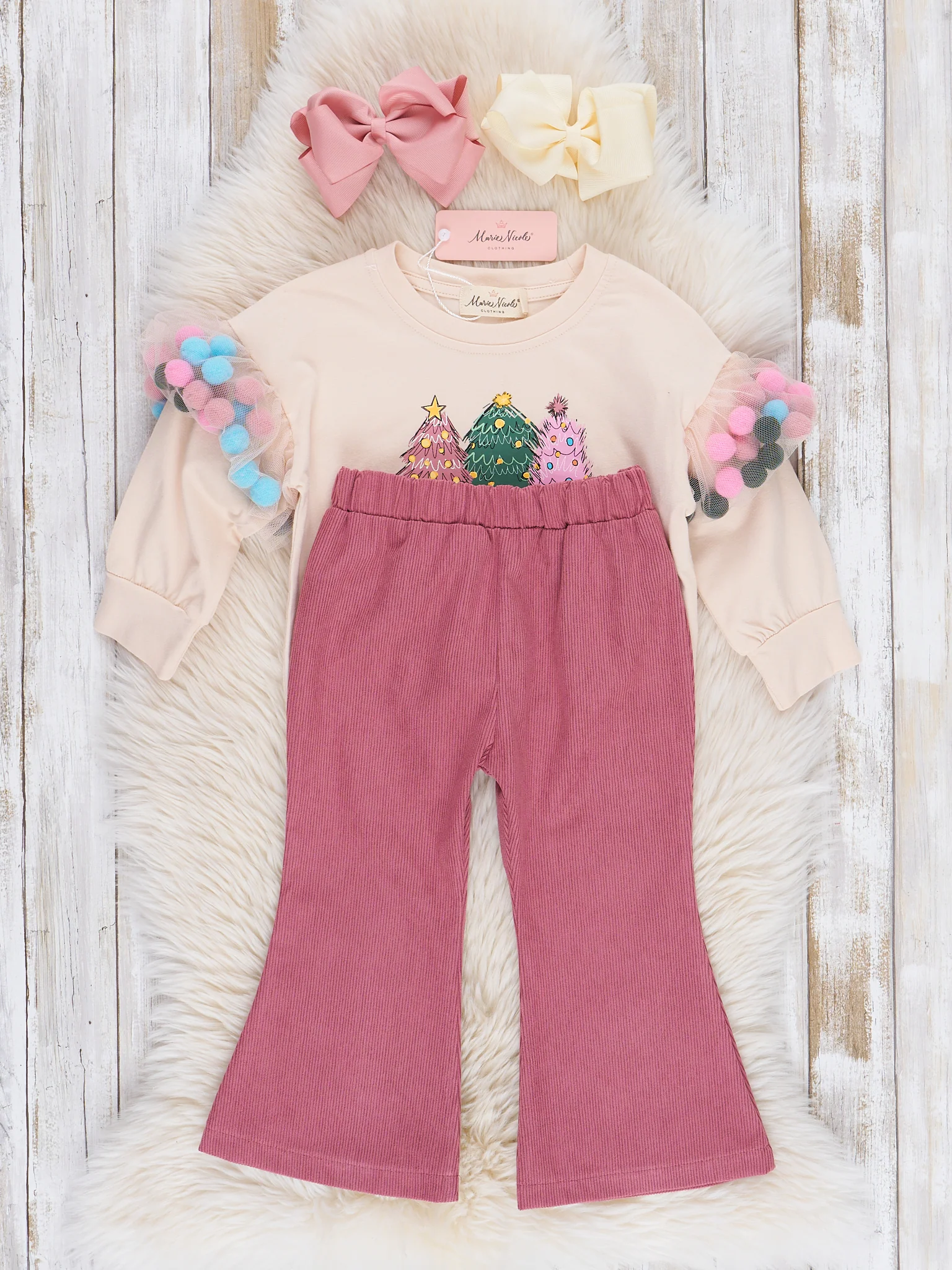 Mauve Christmas Pom Poms Flare Pants Outfit - Image 3