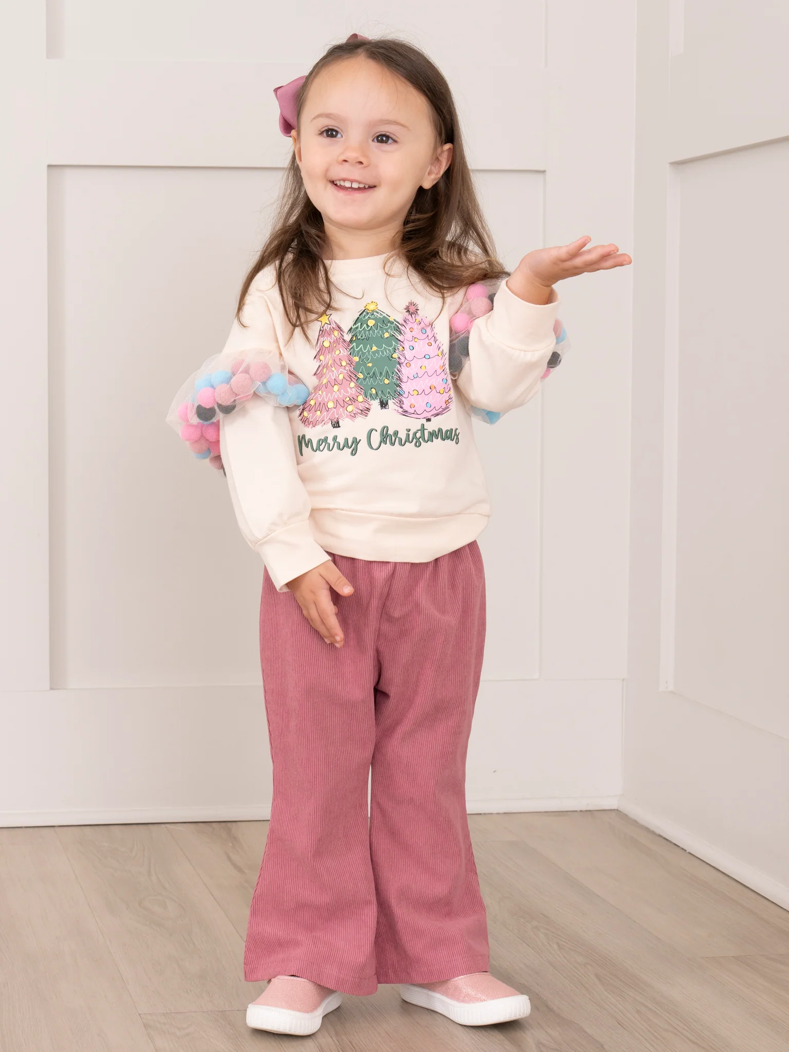 Mauve Christmas Pom Poms Flare Pants Outfit - Image 4