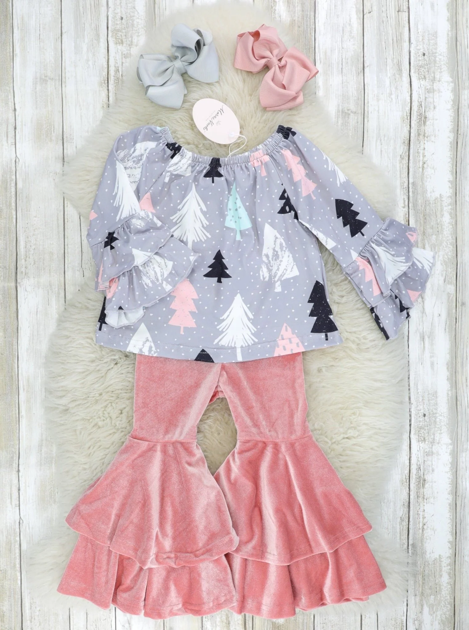 Mauve Christmas Tree Velvet Bell Bottoms Outfit