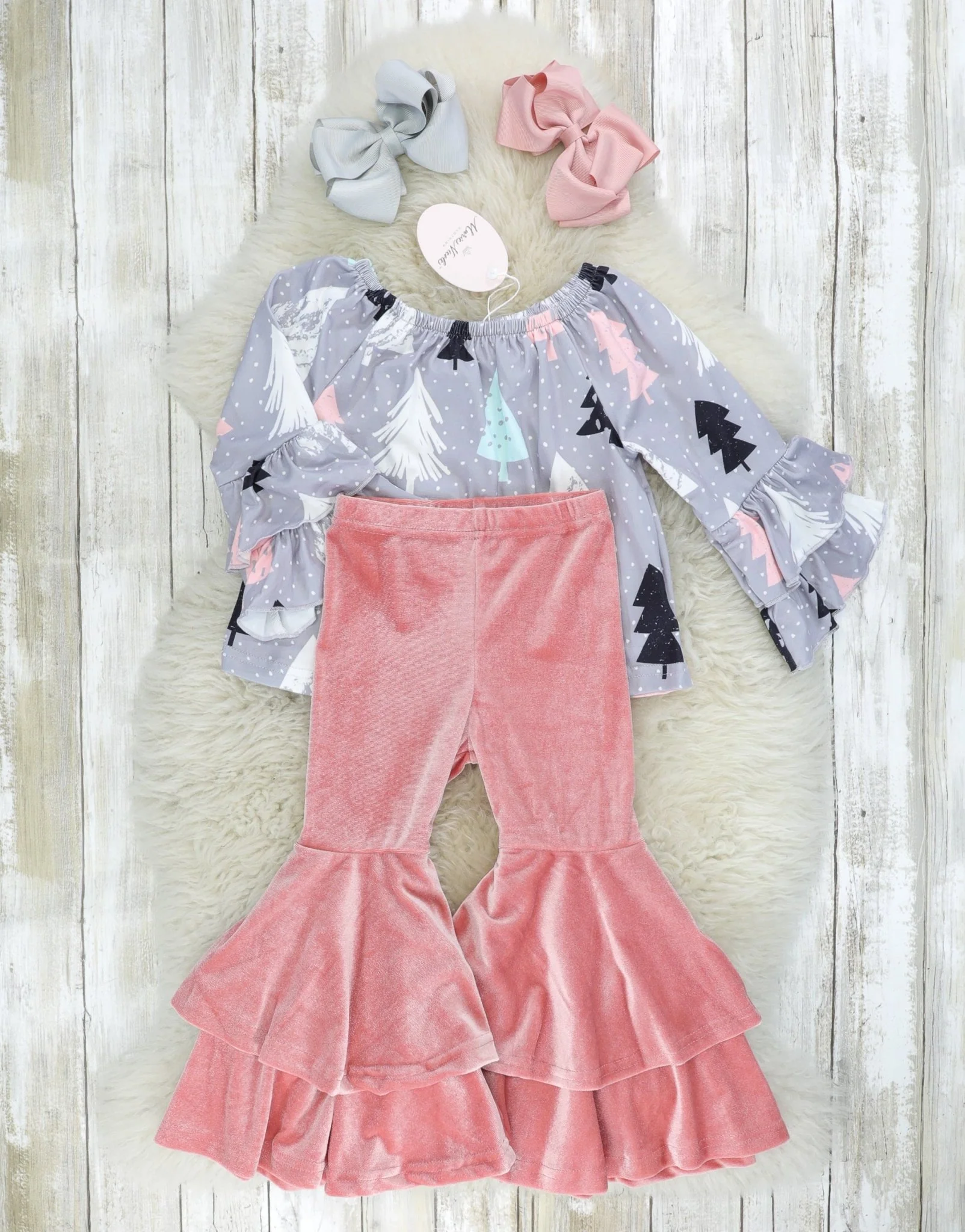 Mauve Christmas Tree Velvet Bell Bottoms Outfit - Image 2