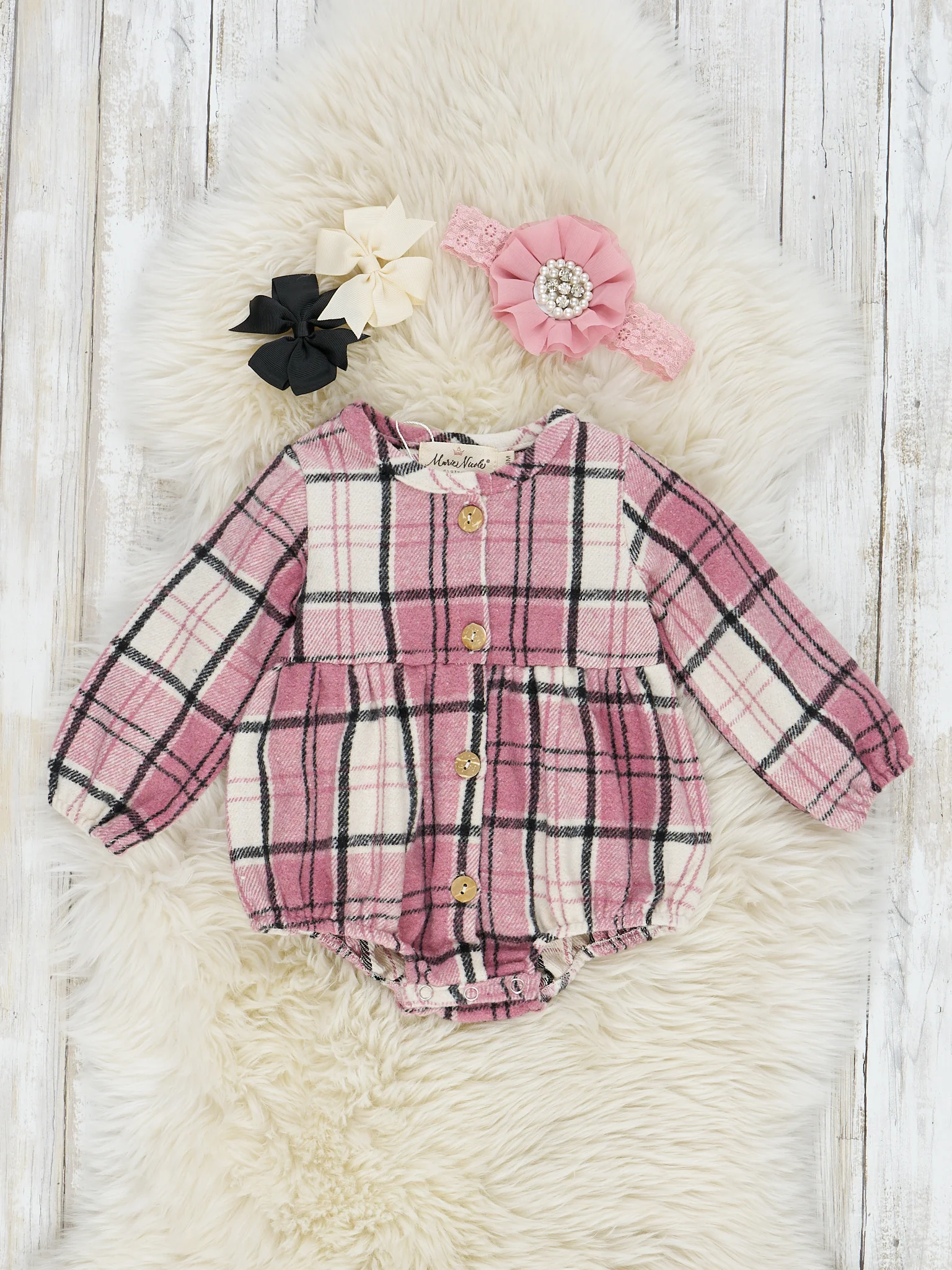 Mauve & Cream Button-Front Plaid Romper