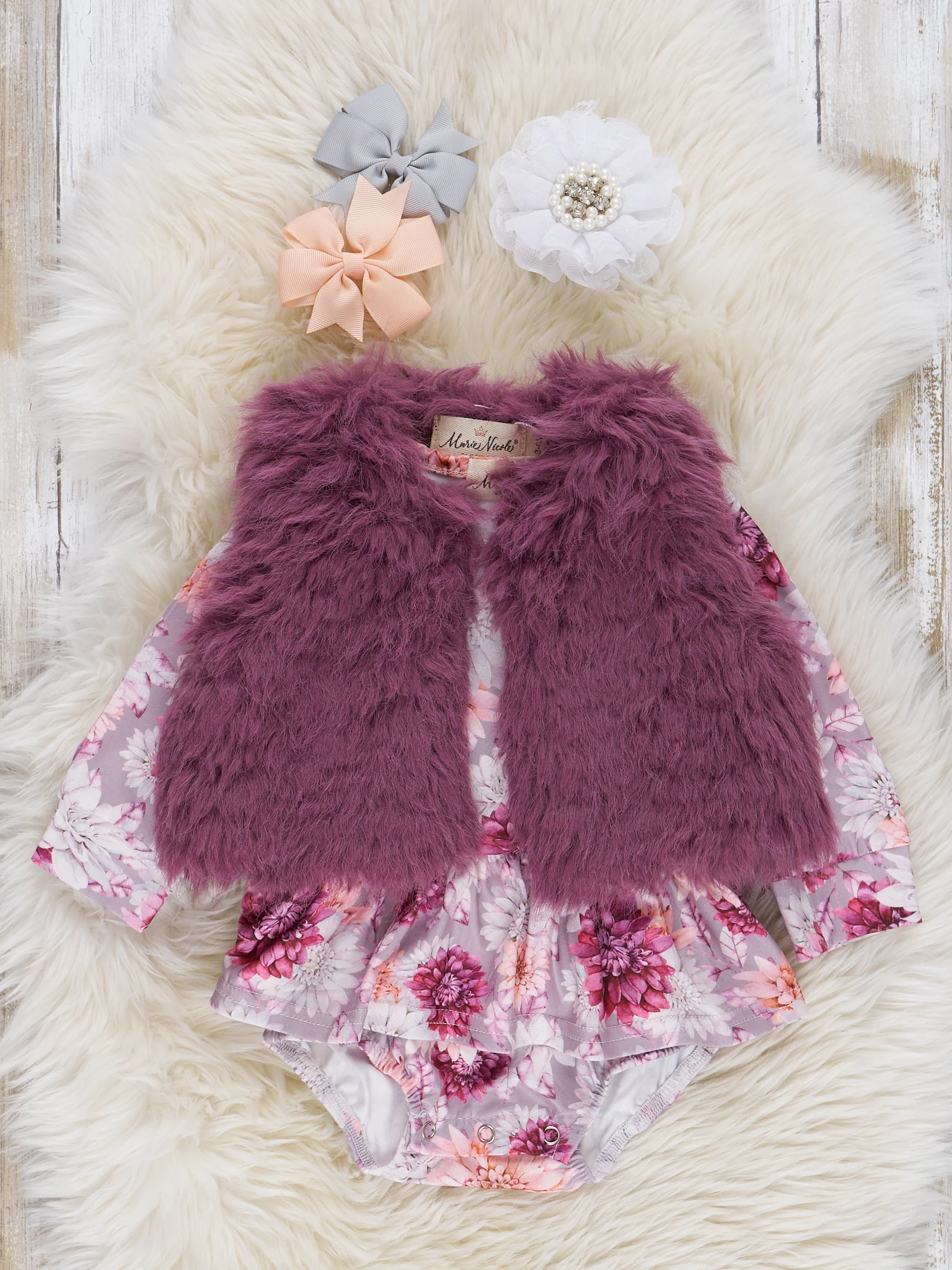 Mauve Dots & Wildflowers Romper w/ Faux Fur Vest