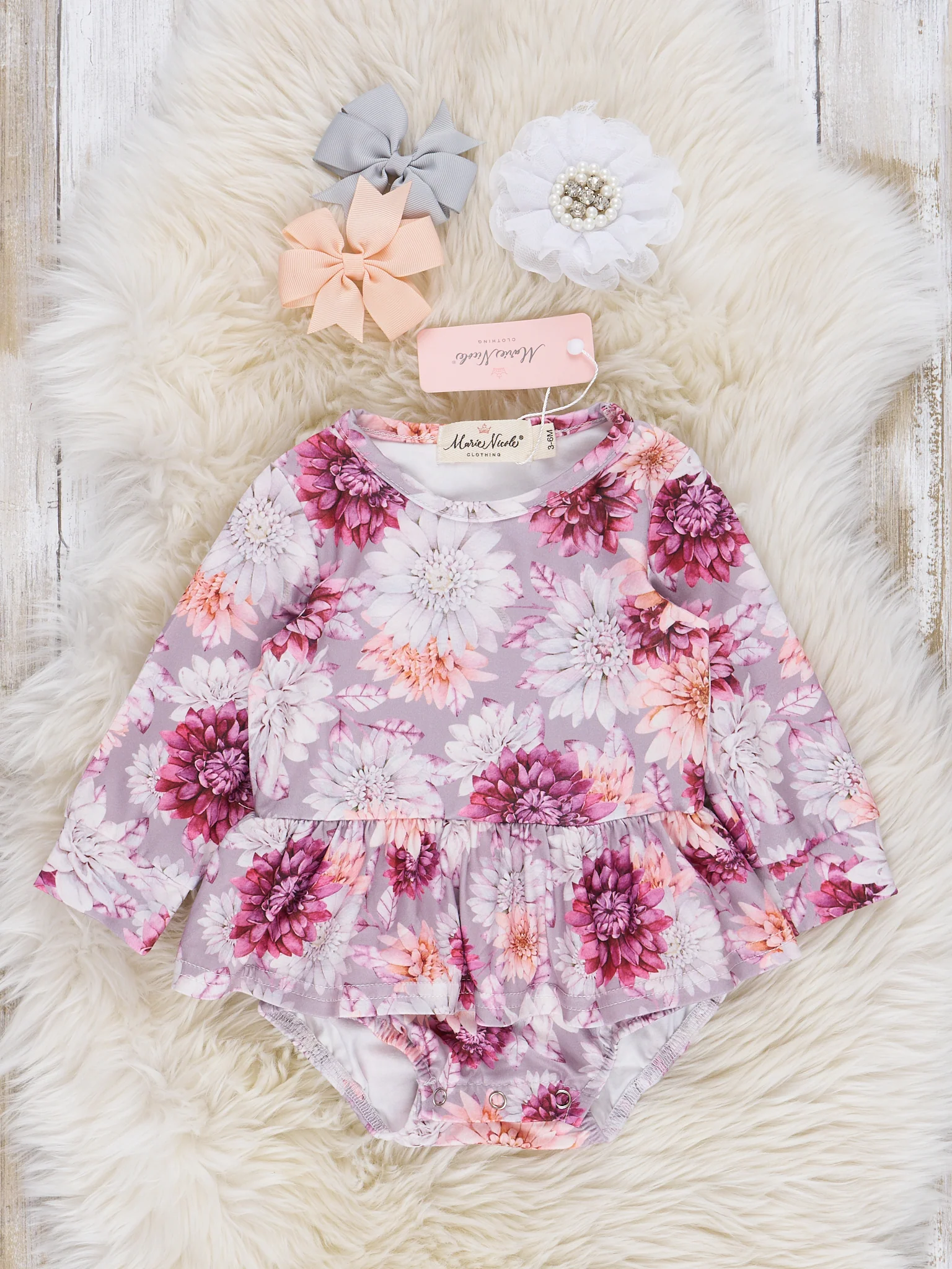 Mauve Dots & Wildflowers Romper w/ Faux Fur Vest - Image 2