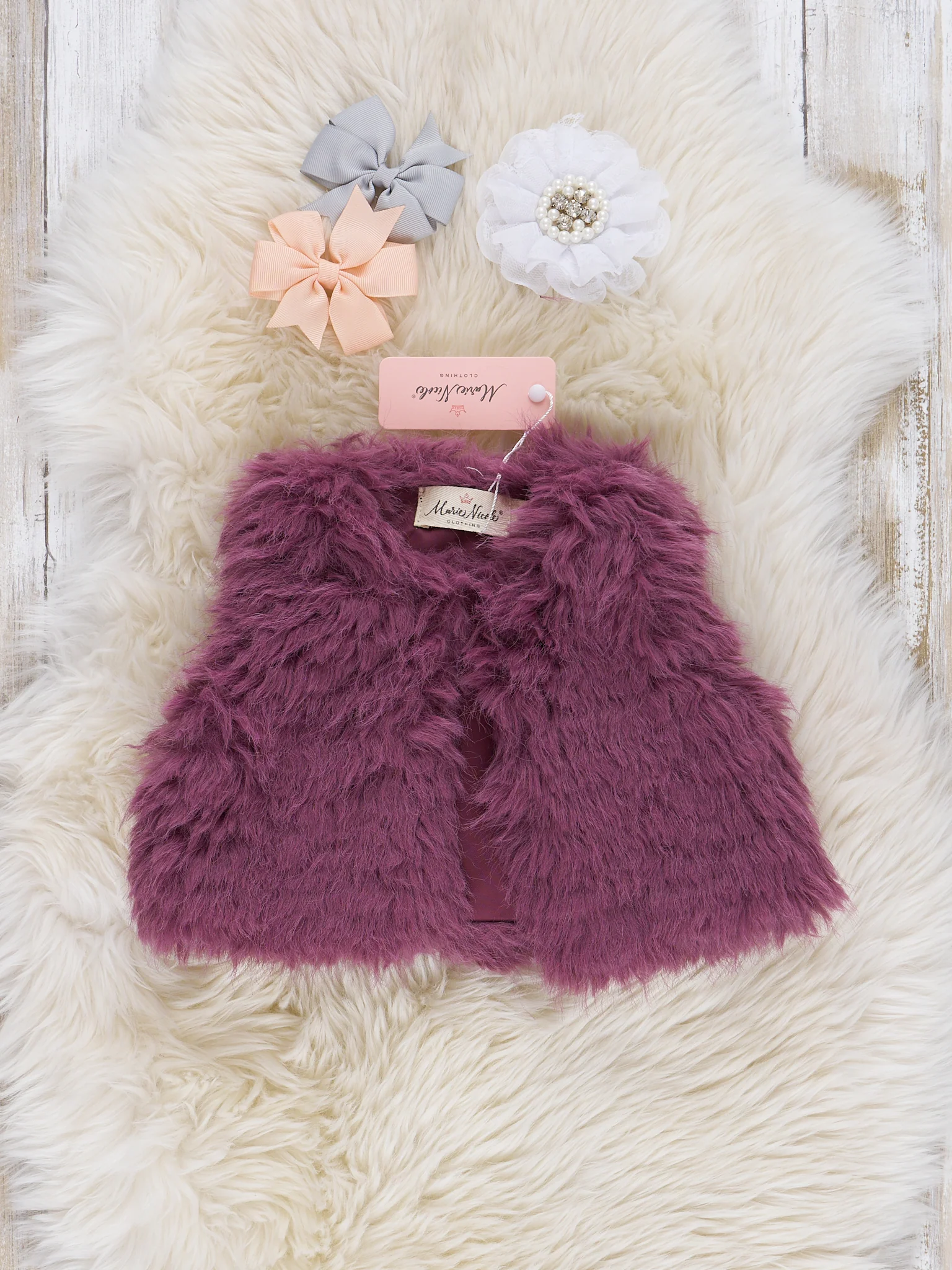 Mauve Dots & Wildflowers Romper w/ Faux Fur Vest - Image 3