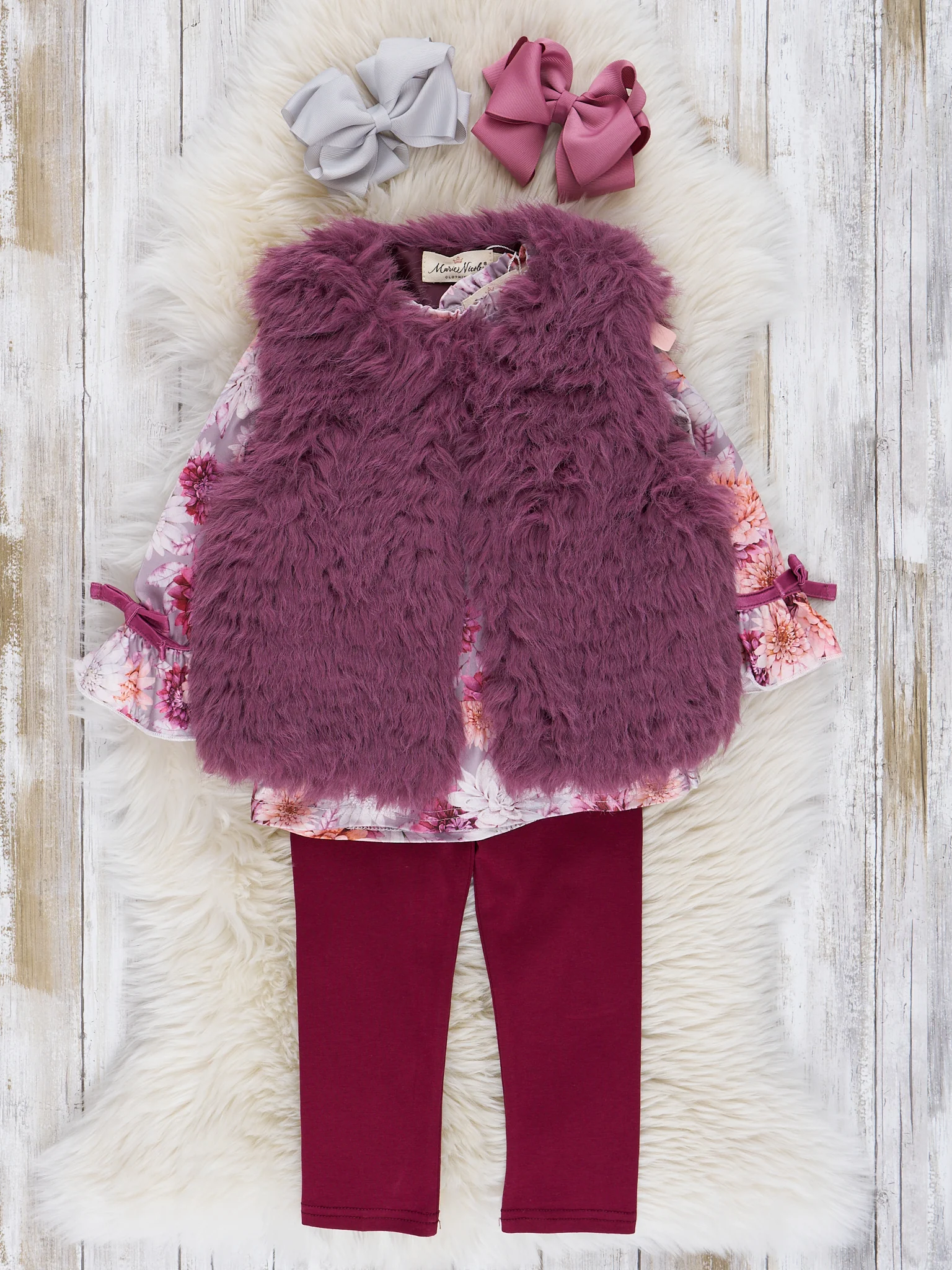 Mauve Dots & Wildflowers Outfit w/ Faux Fur Vest