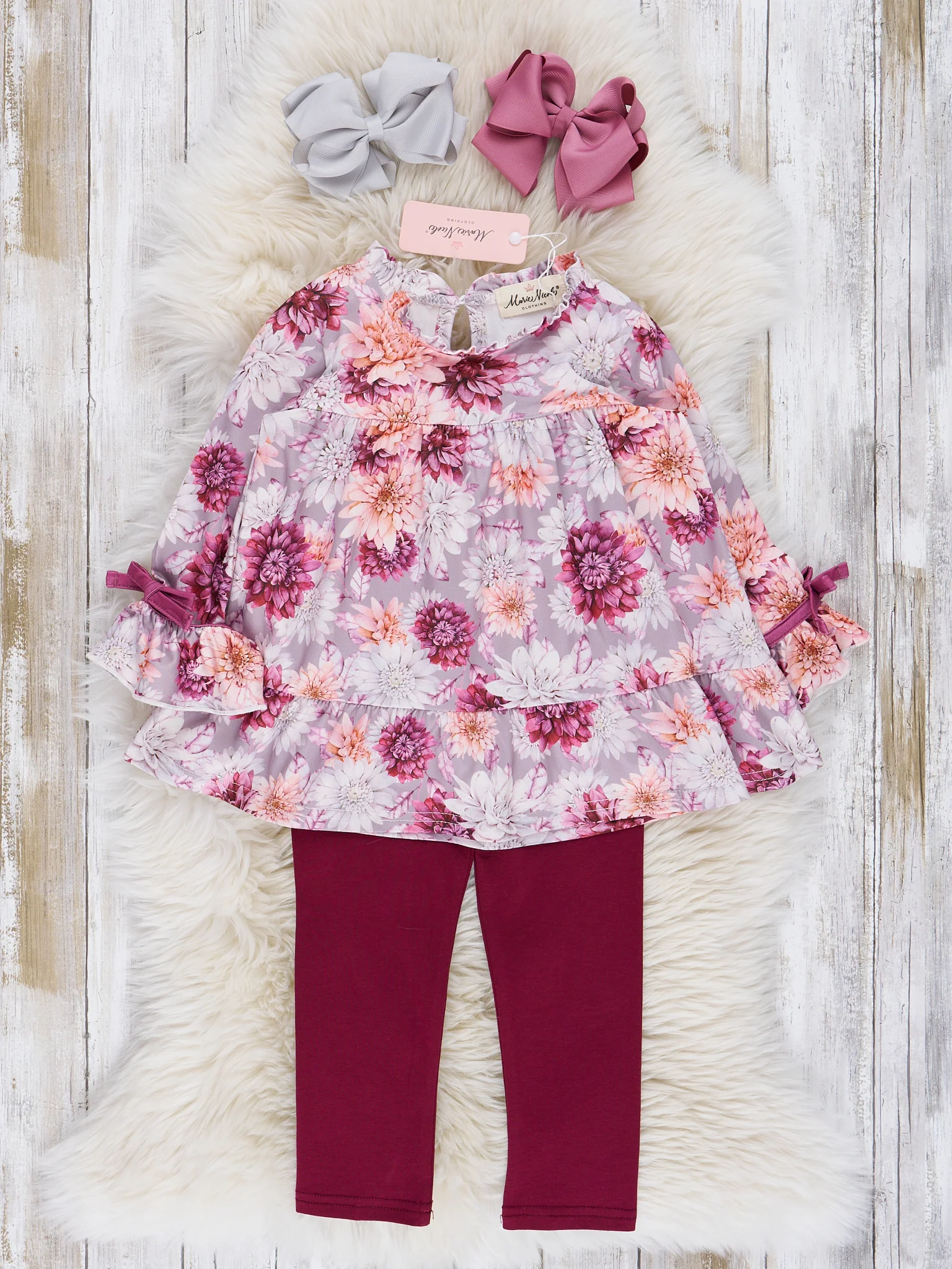 Mauve Dots & Wildflowers Outfit w/ Faux Fur Vest - Image 2