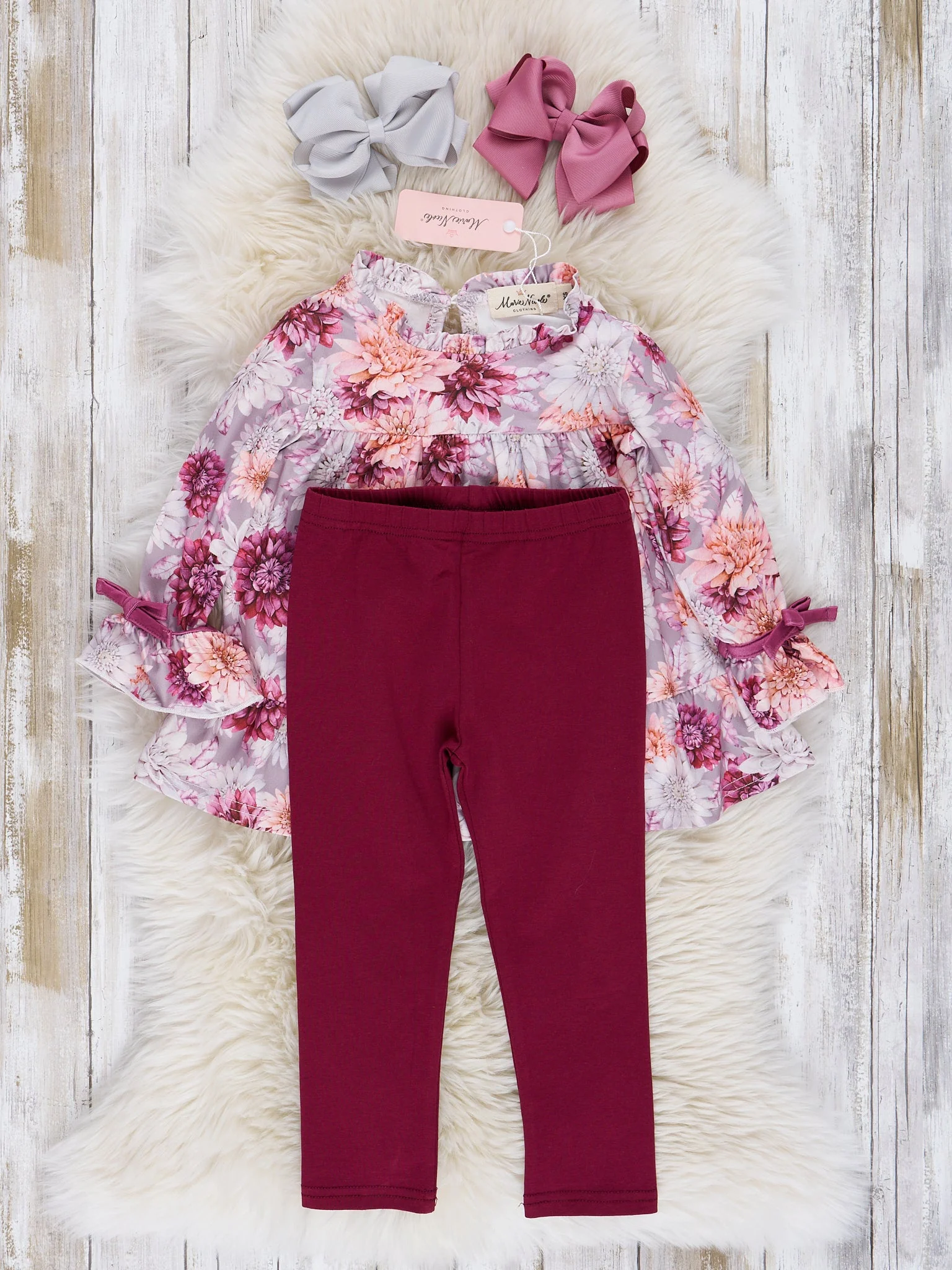 Mauve Dots & Wildflowers Outfit w/ Faux Fur Vest - Image 3