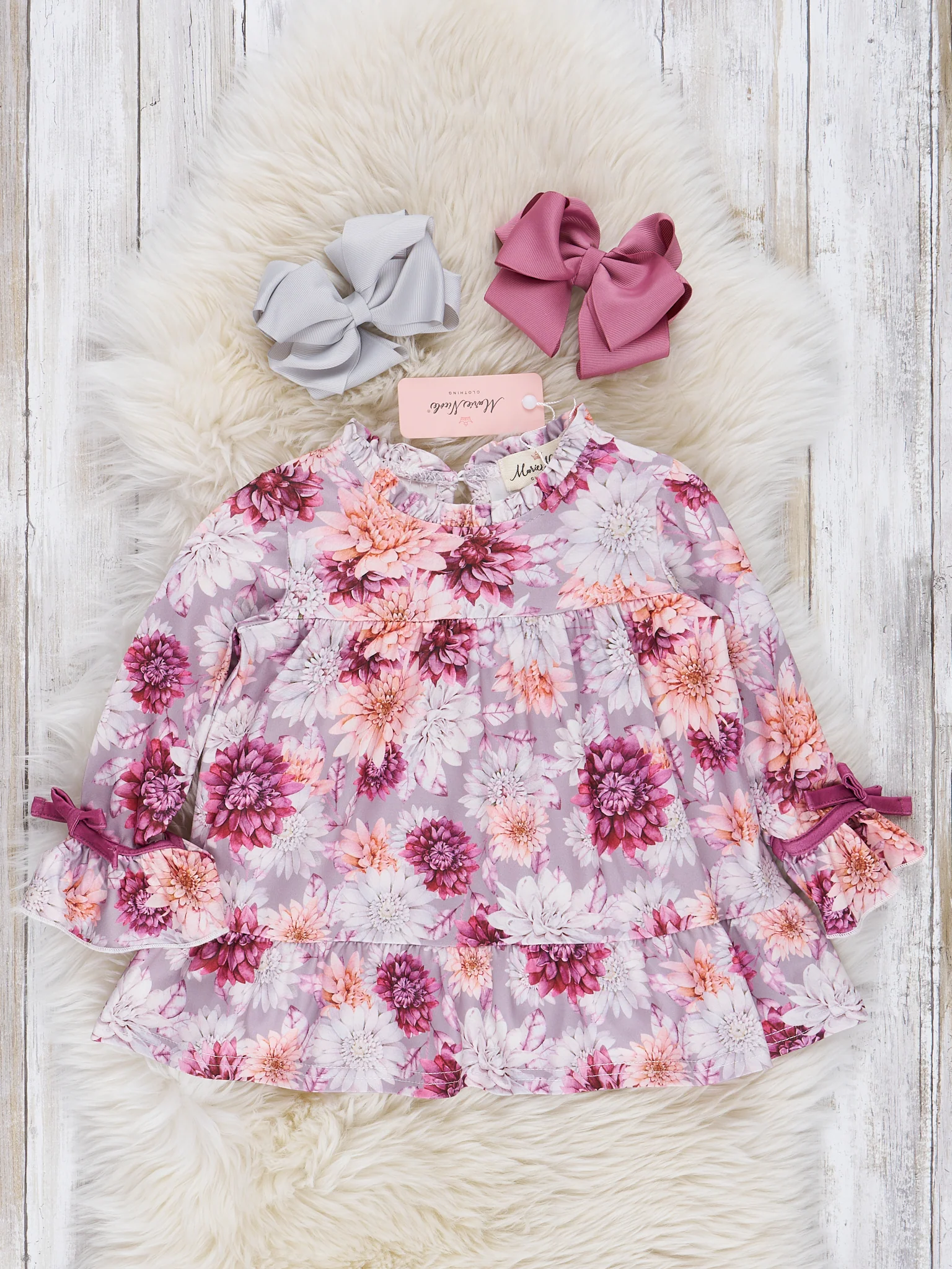 Mauve Dots & Wildflowers Outfit w/ Faux Fur Vest - Image 4