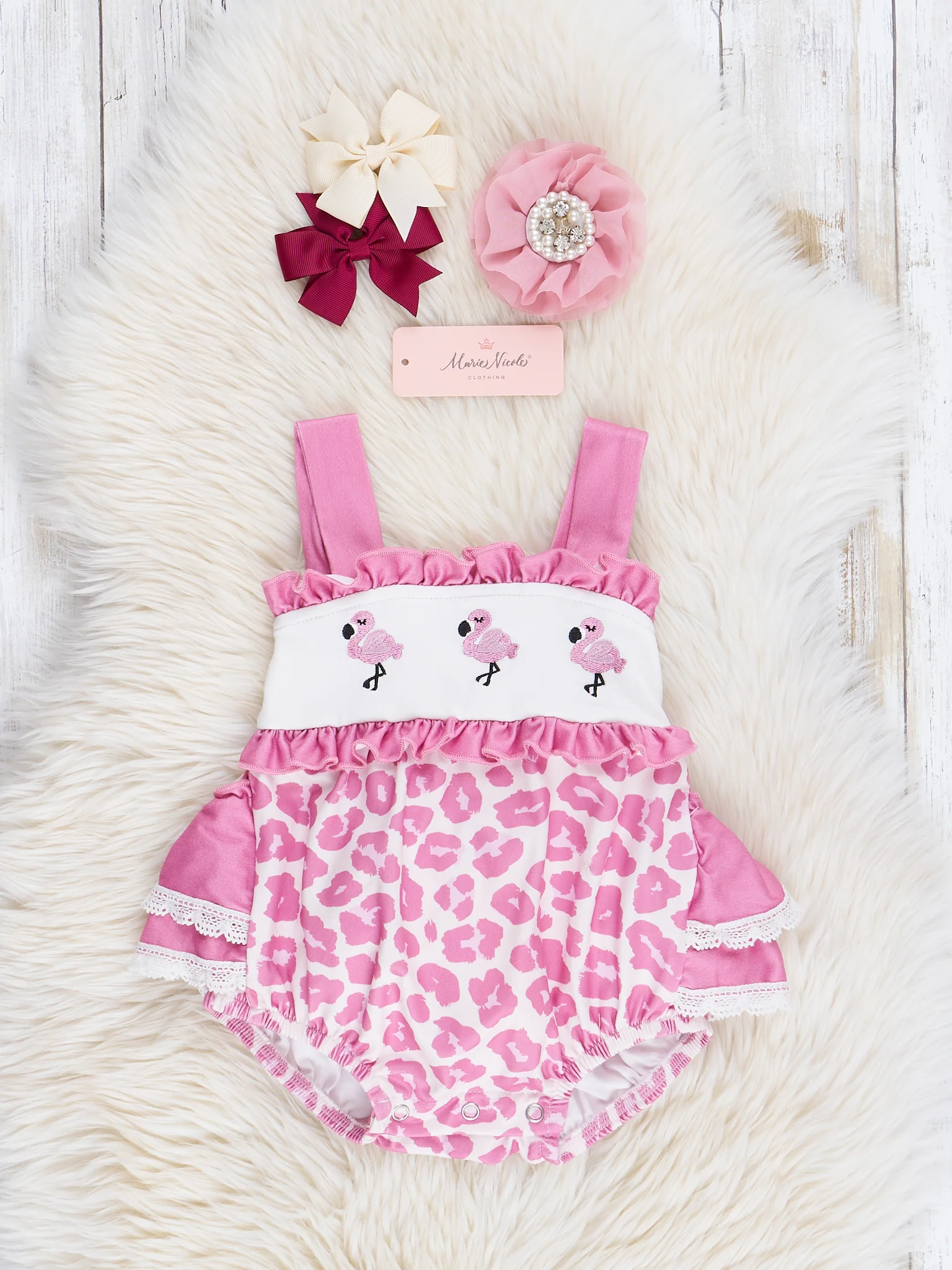 Mauve Embroidered Flamingos & Leopard Ruffle Bubble Romper
