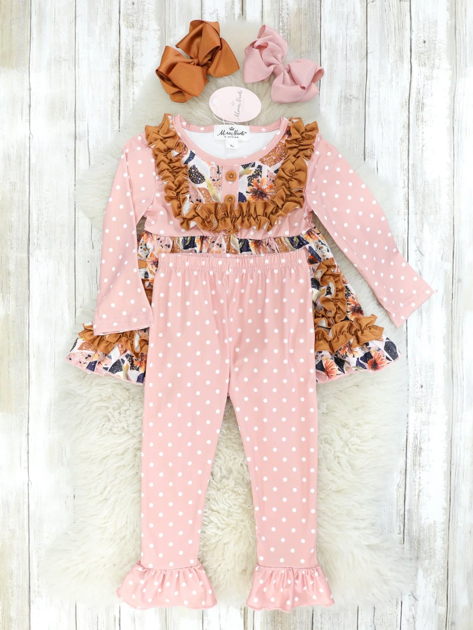 Mauve Floral Ruffle Pocket Top & Polka Dot Bottoms Outfit - Image 2
